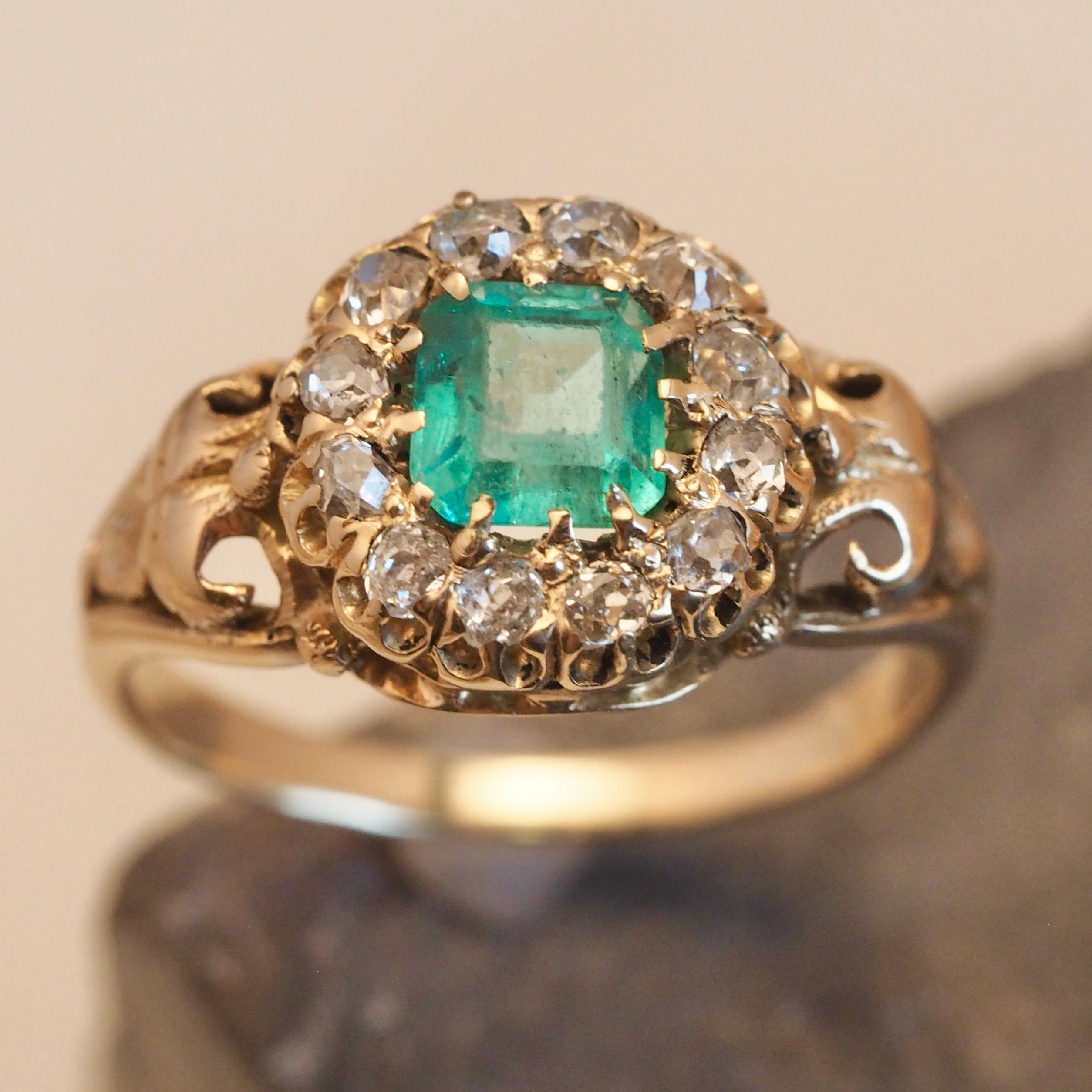 Antique Victorian 14k Gold Emerald and Old Mine Cut Diamond Halo Ring