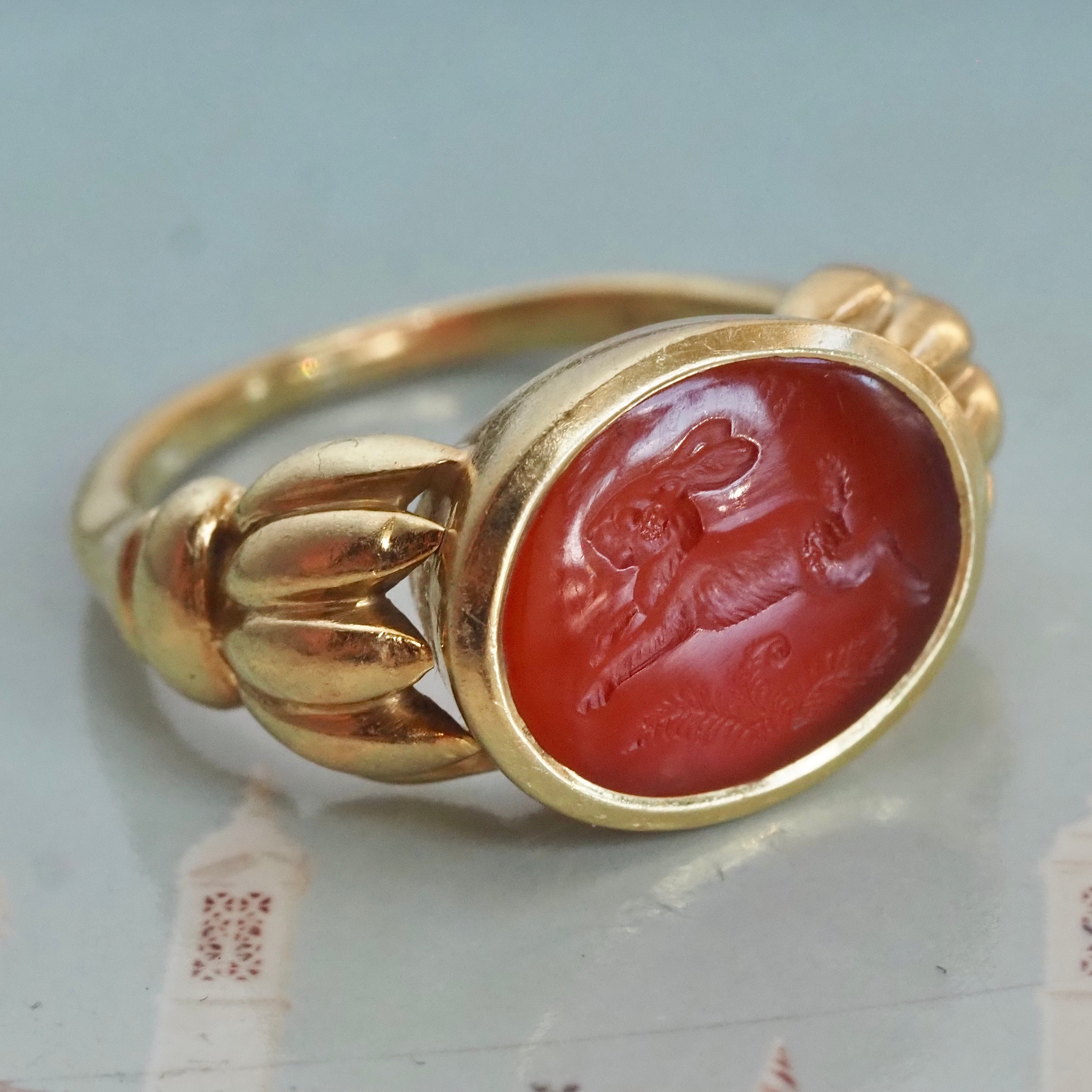 Vintage Carnelian Rabbit Intaglio 18k Gold Signet Ring
