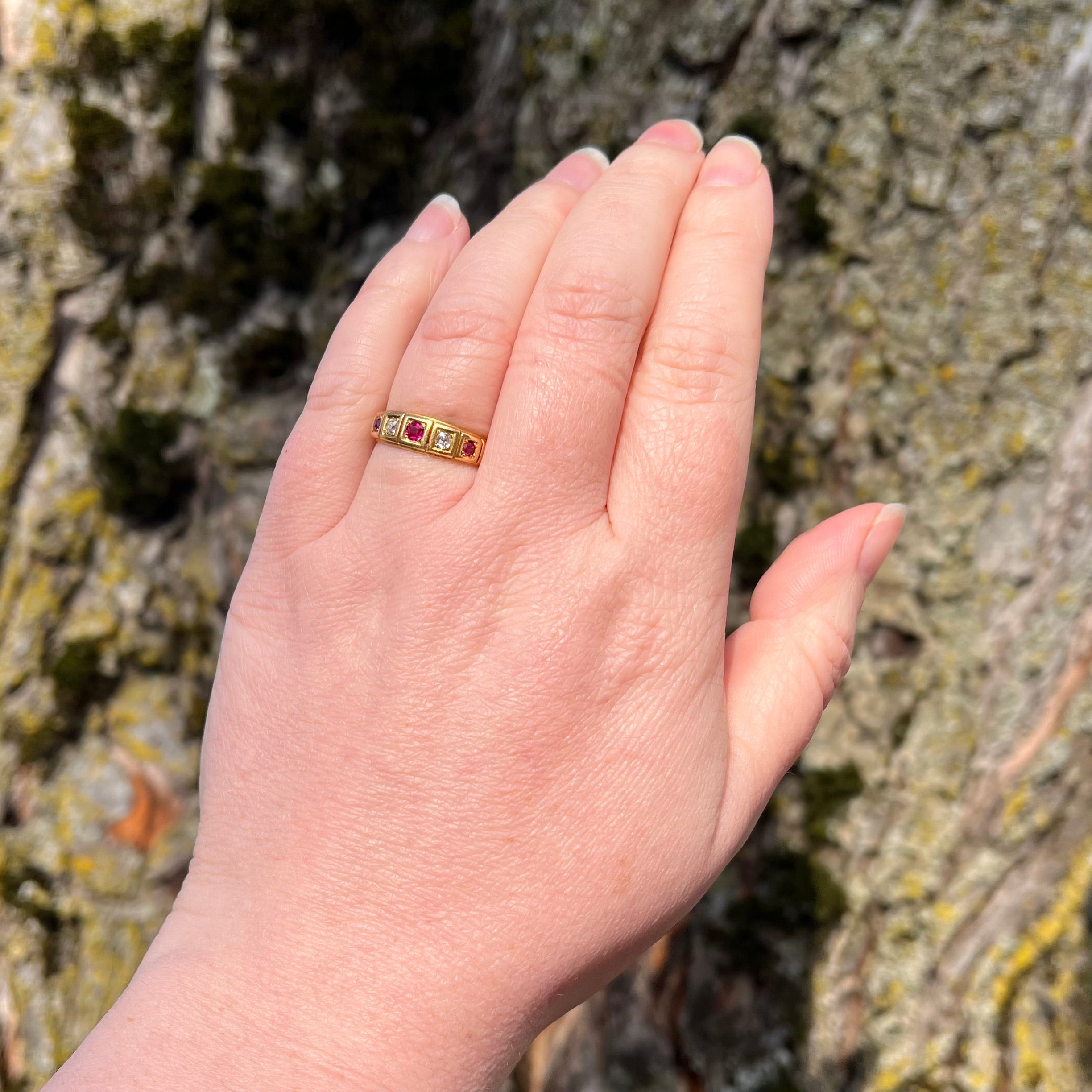 Antique Old Mine Cut Diamond and Ruby 18k Gold Five Stone Ring