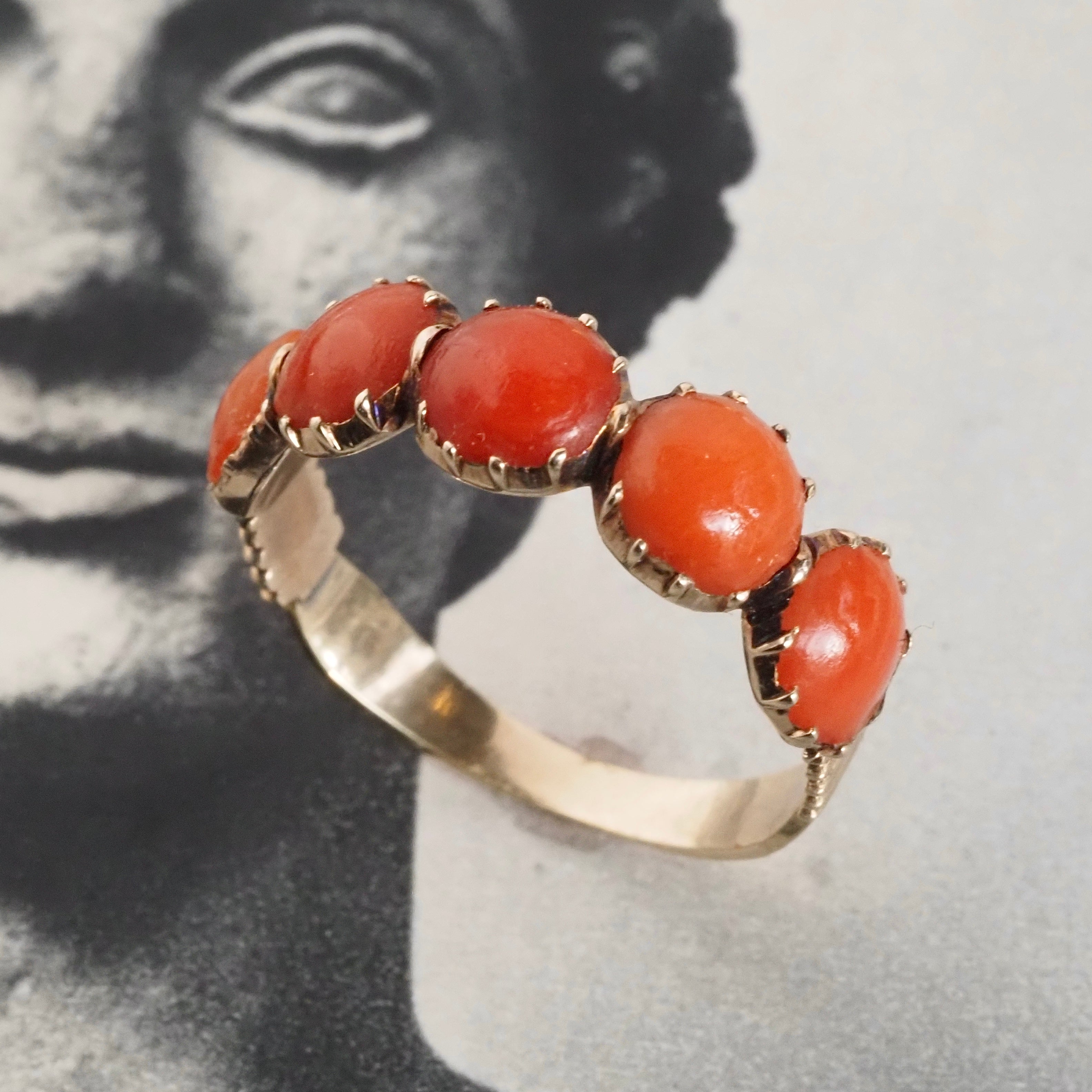 Antique Georgian Five Stone Coral 14k Gold Ring