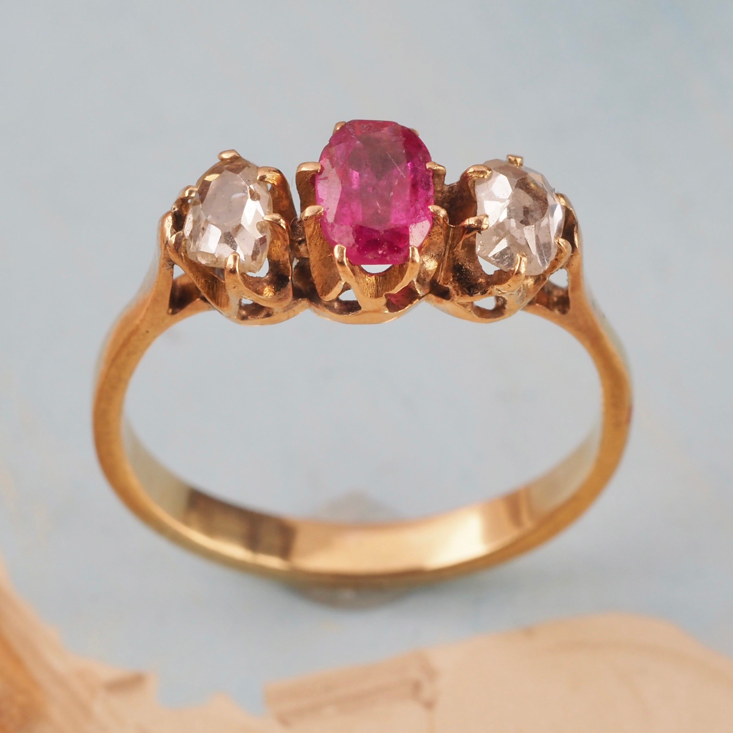 Antique Natural Ruby Rose Cut Diamond Trilogy 18k Gold Ring