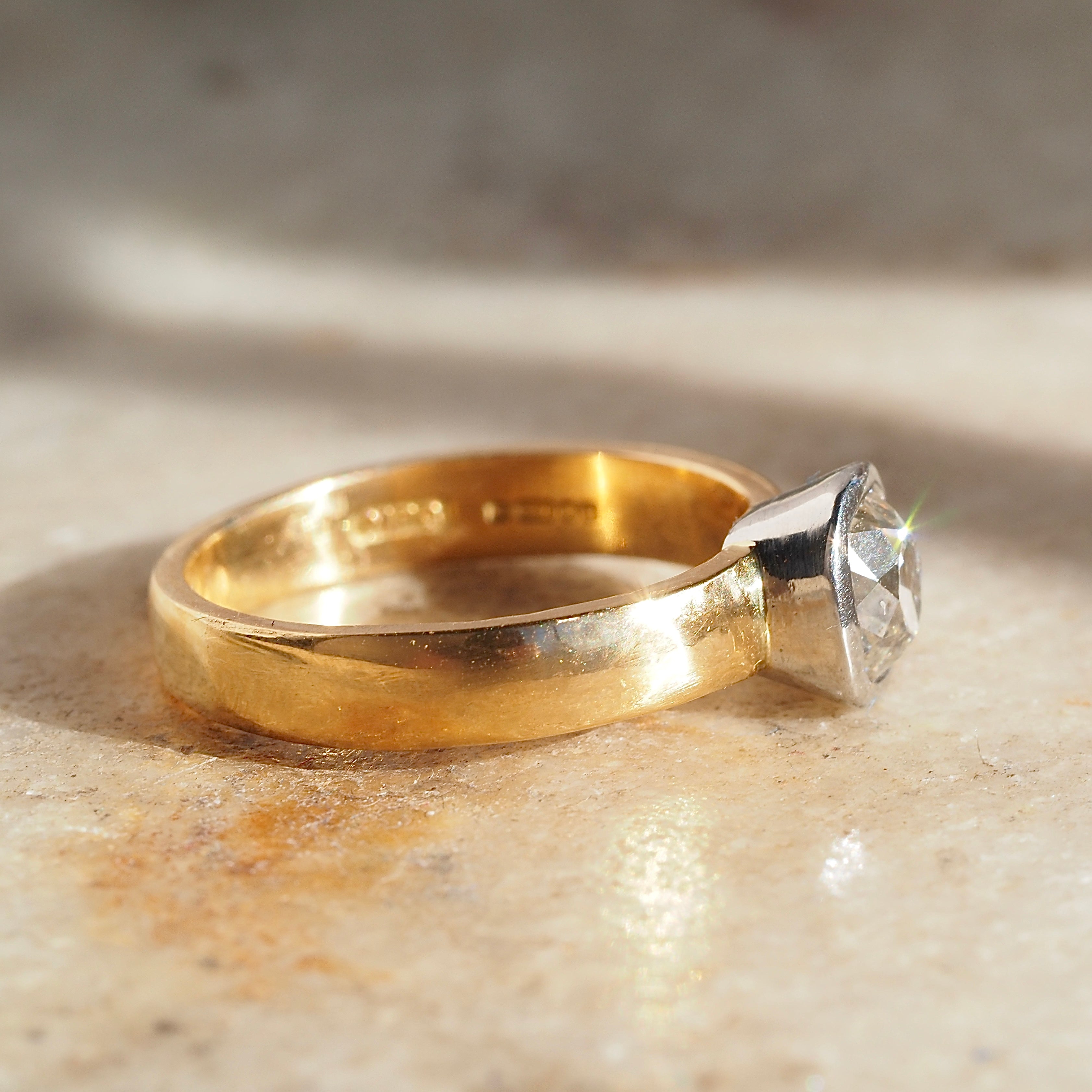 Vintage English 22k Gold Platinum Bezel Set 1.10ct Old Mine Cut Diamond Engagement Ring