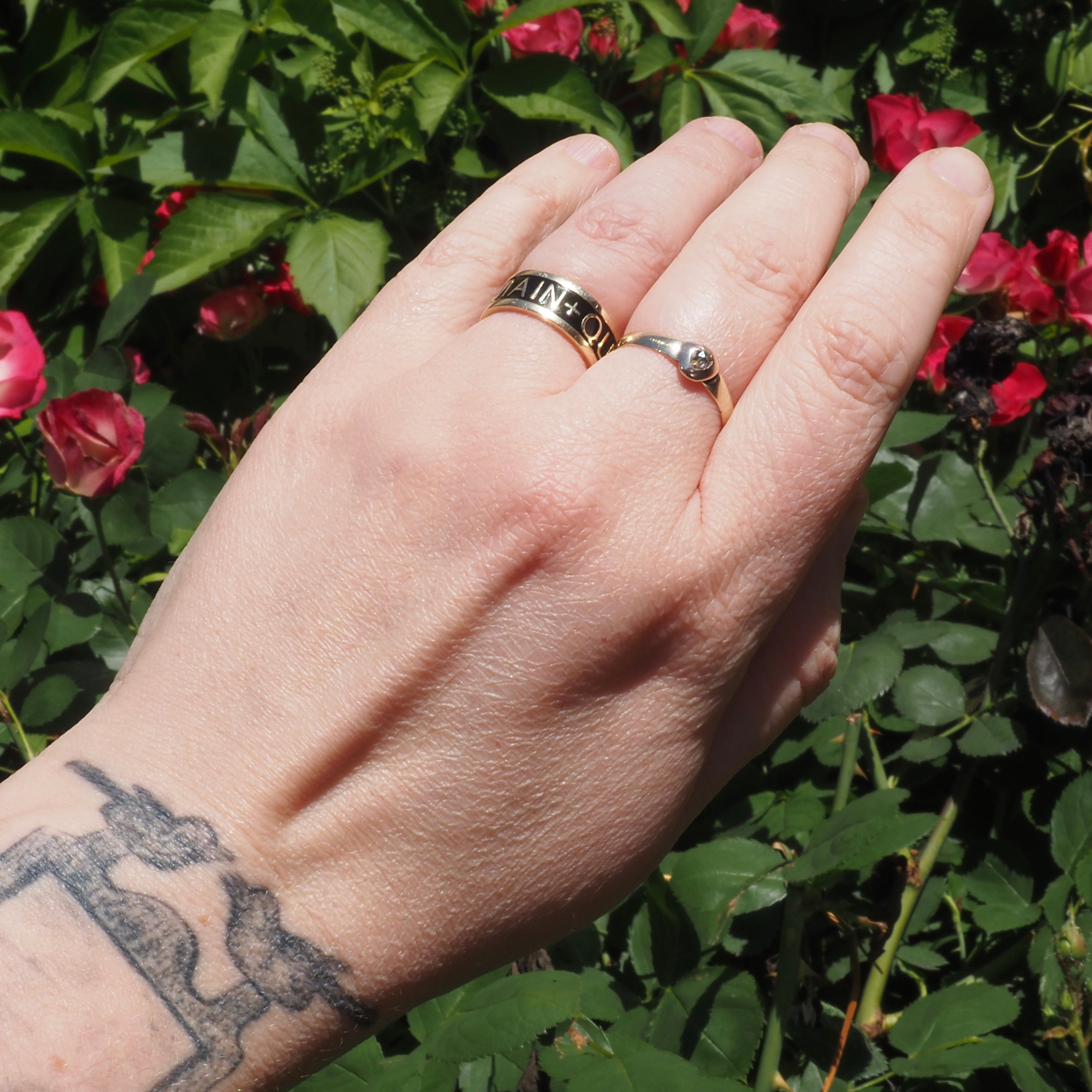 Qu'Heir Que Demain "More Than Yesterday, Less Than Tomorrow" 14k Gold Black Enamel Wide Band