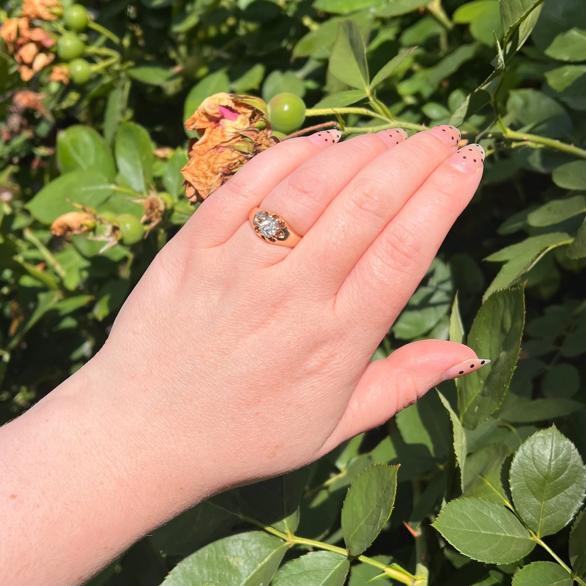 Antique Old Mine Cut Diamond Belcher Set 14k Gold Engagement Ring