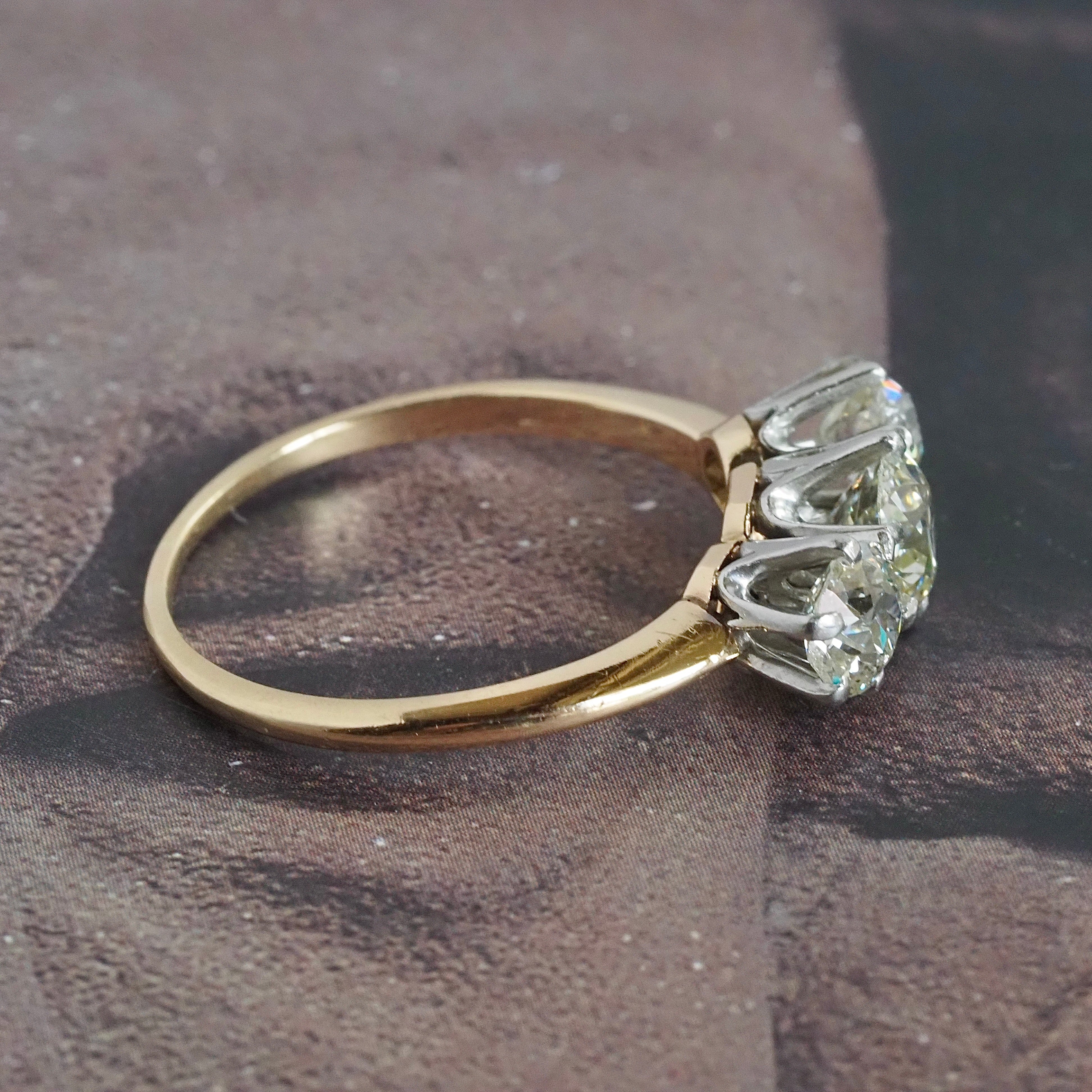 Vintage Old European & Old Mine Cut 1.59ctw Diamond Trilogy Platinum 14k Gold Engagement Ring