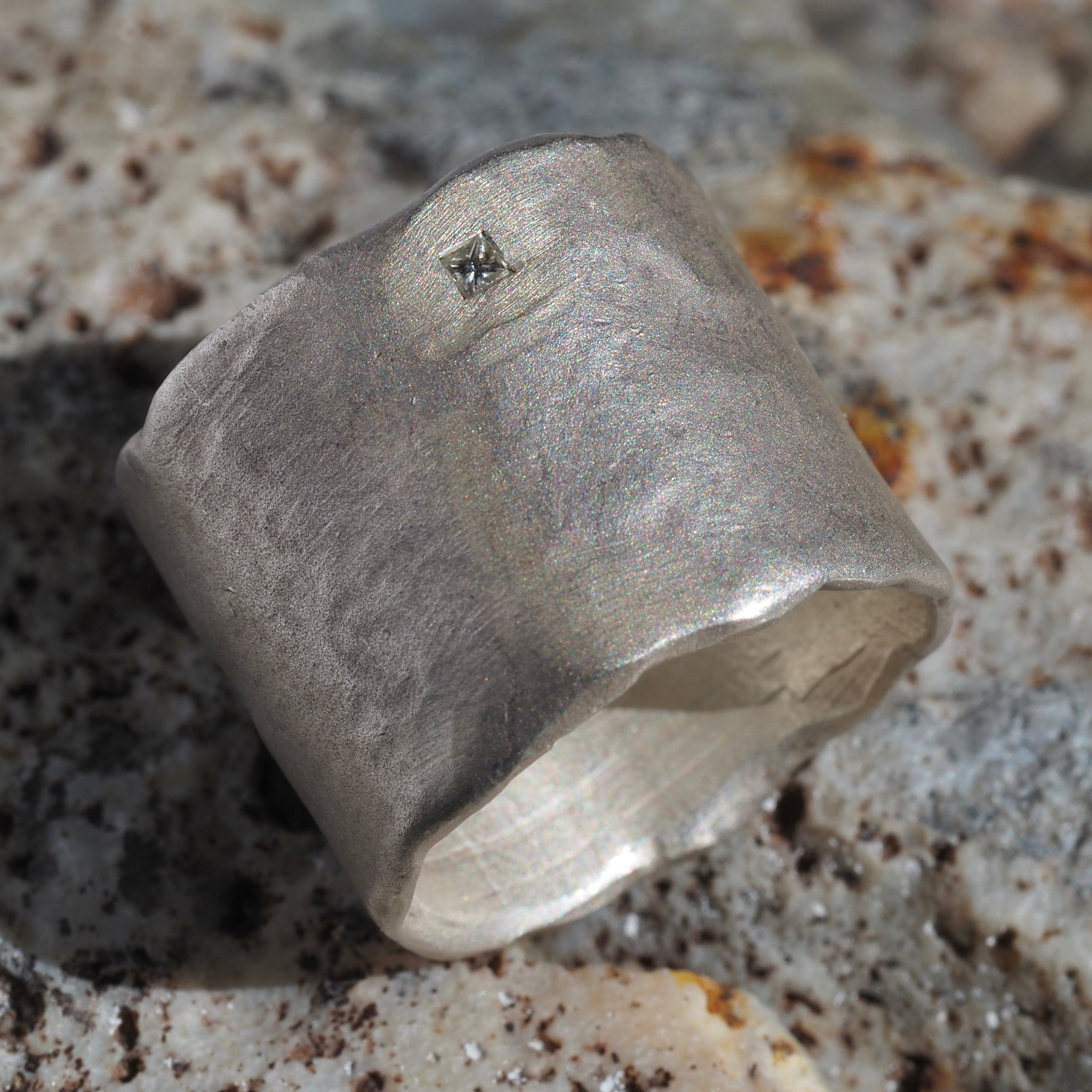 Sterling Silver Wide Organic Band With Diamond