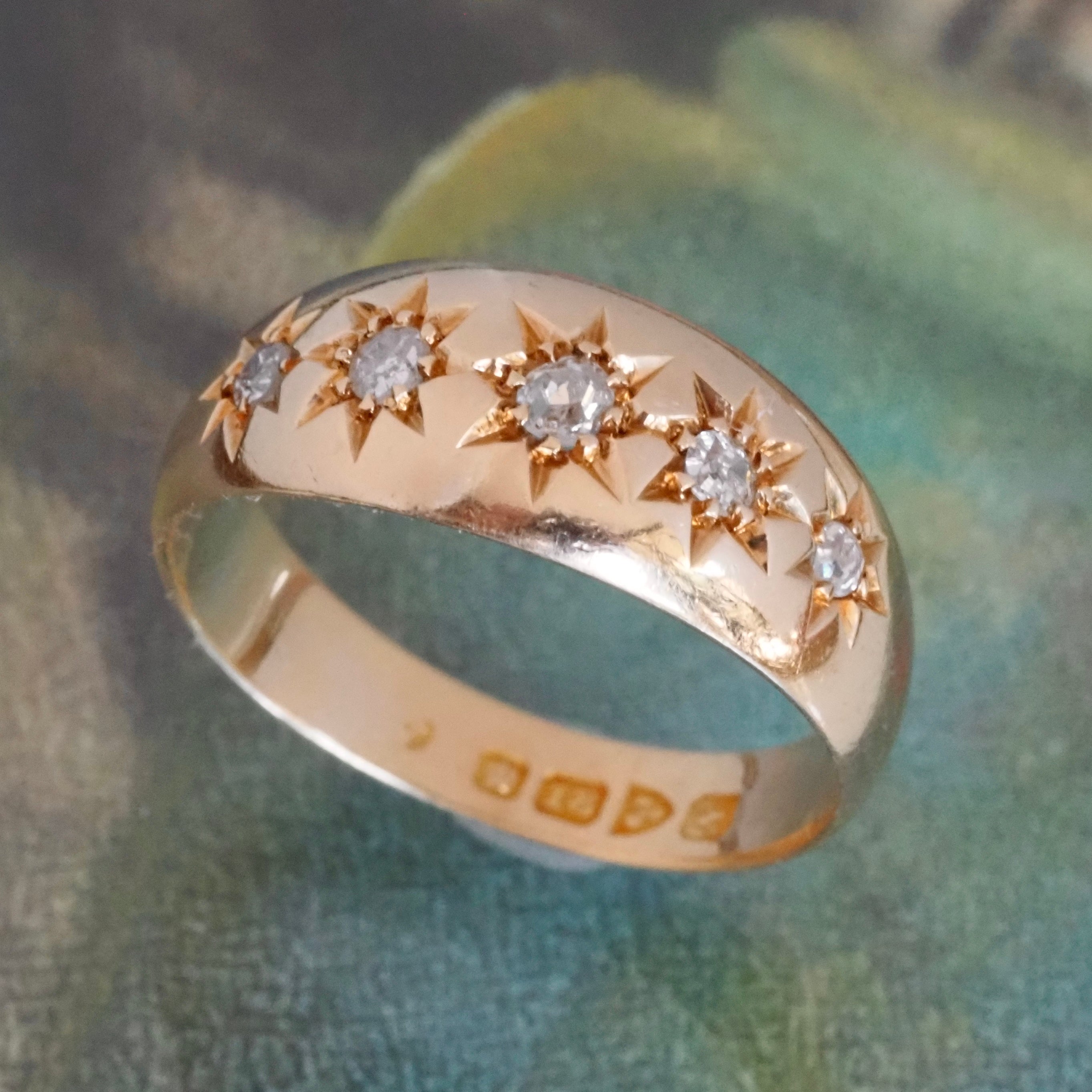 Antique c. 1913 English 18k Gold Starburst Five Diamond Ring