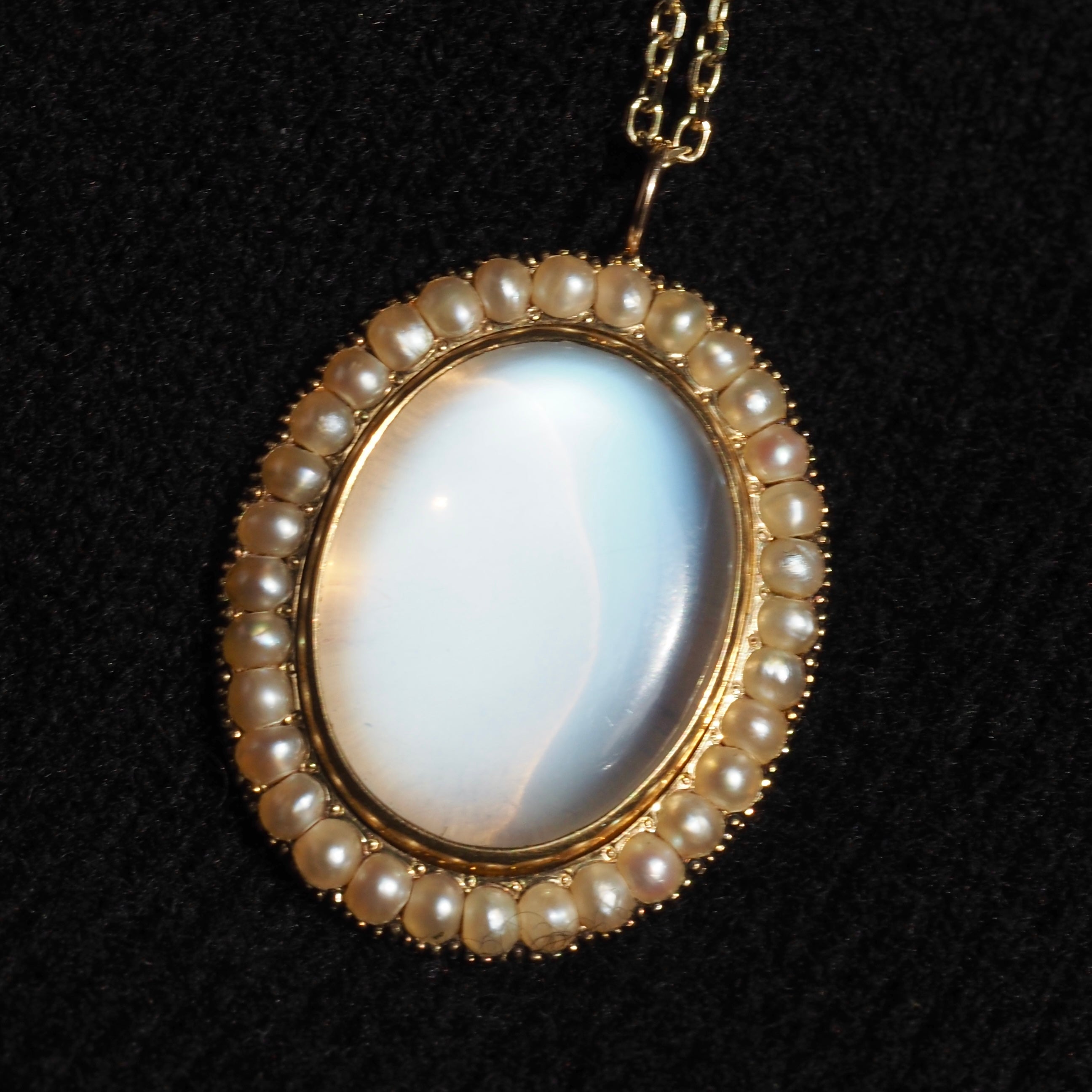 Antique Early Victorian ~1840s Moonstone & Pearl 14k Gold Pendant