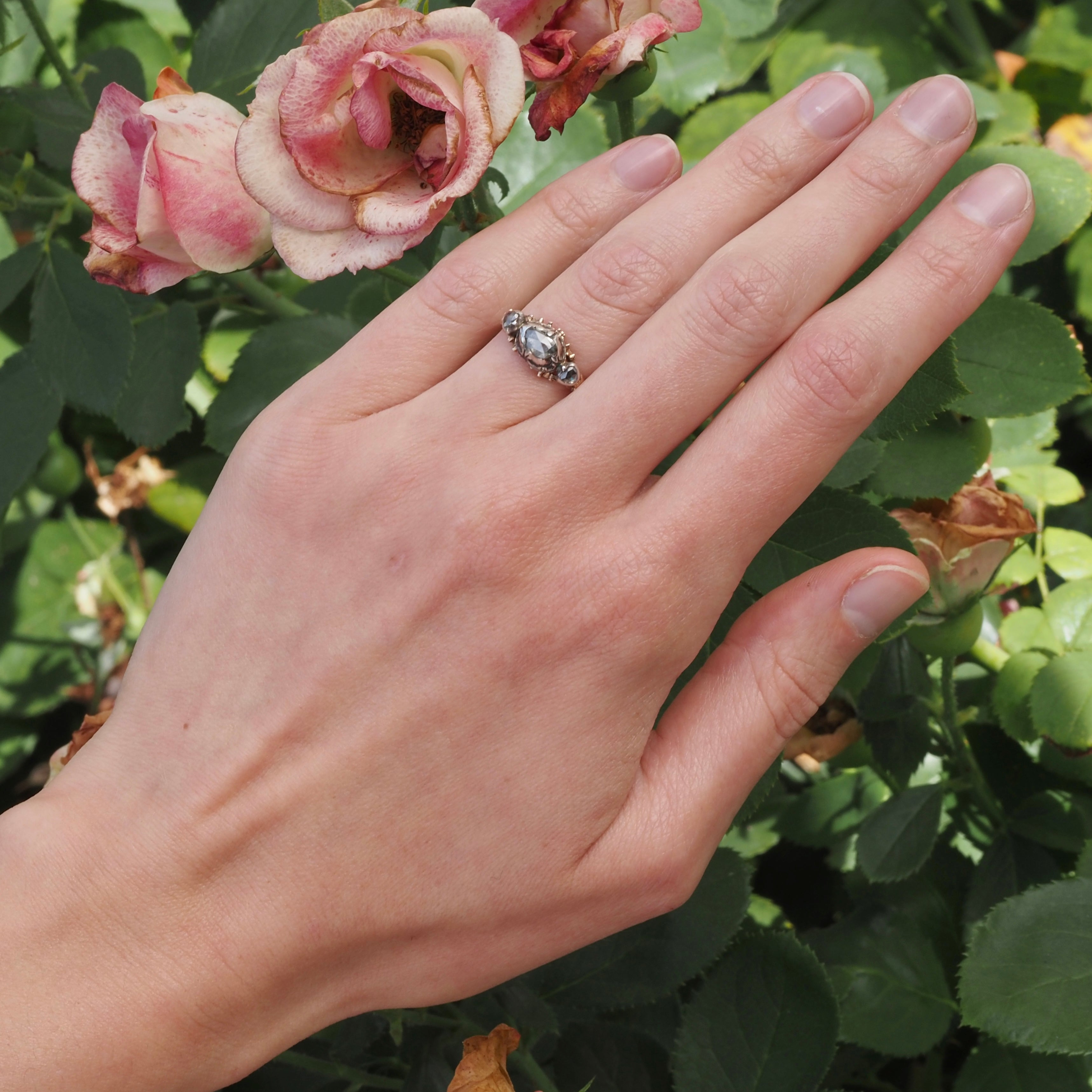 Antique Mid 18th Century Georgian Foil Back Rose Cut Diamond 14k Gold and Sterling Silver Trilogy Ring