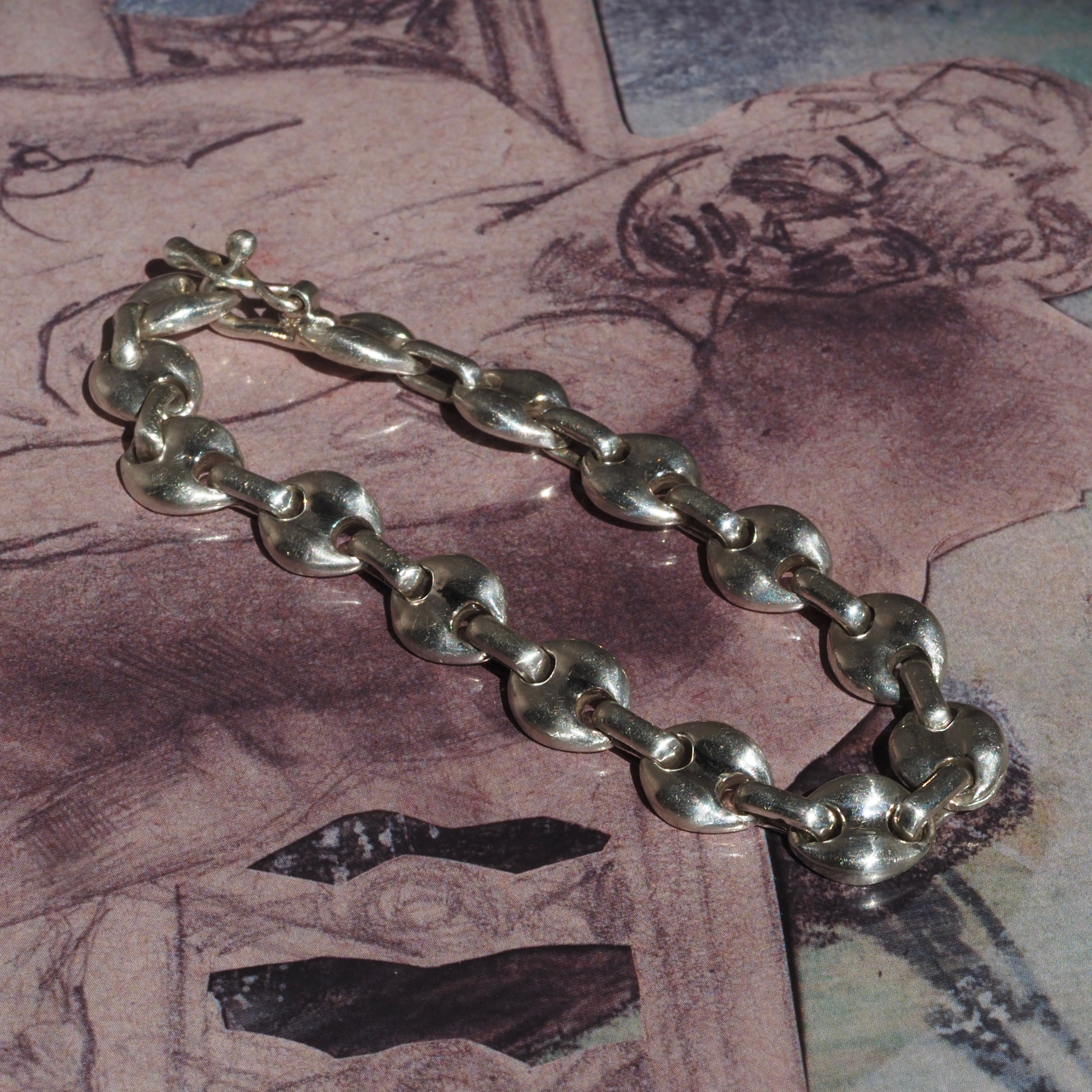 Vintage Taxco Sterling Silver Puffy Mariner Link Bracelet