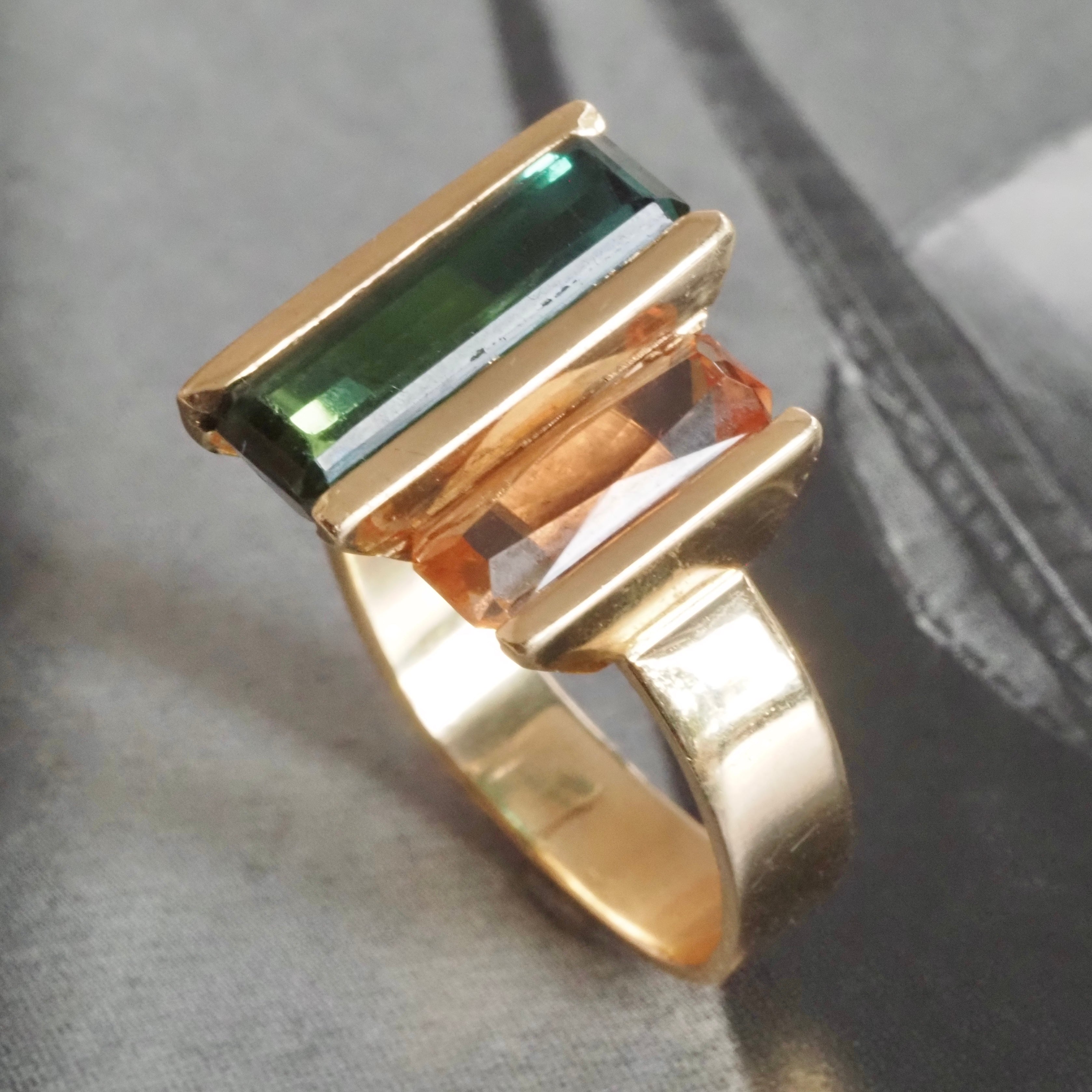 Modernist Tourmaline and Imperial Topaz 14k Gold Ring