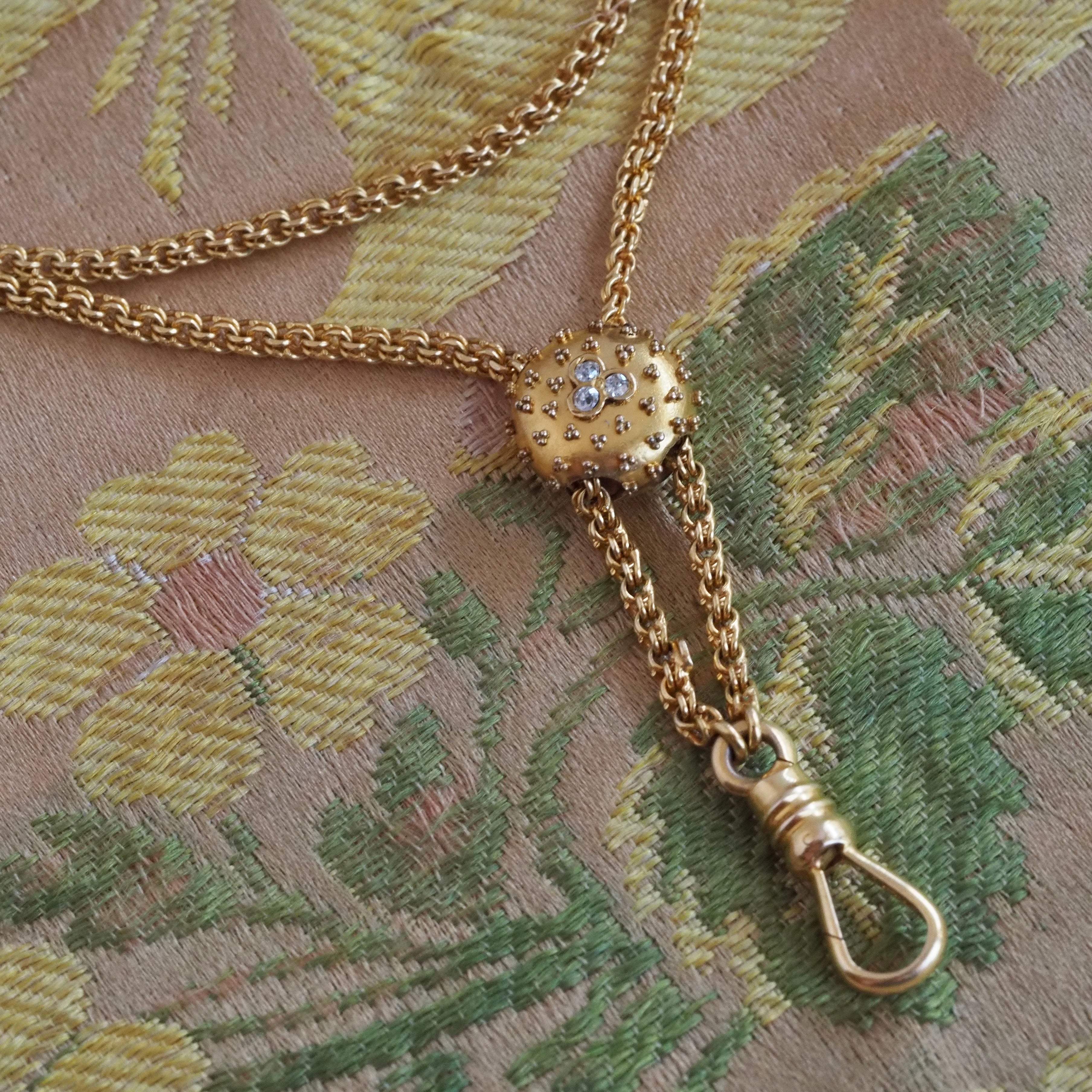 Antique Bloomed 18k Gold Chain with 14k Gold Ornate Old Mine Cut Diamond Slider Necklace