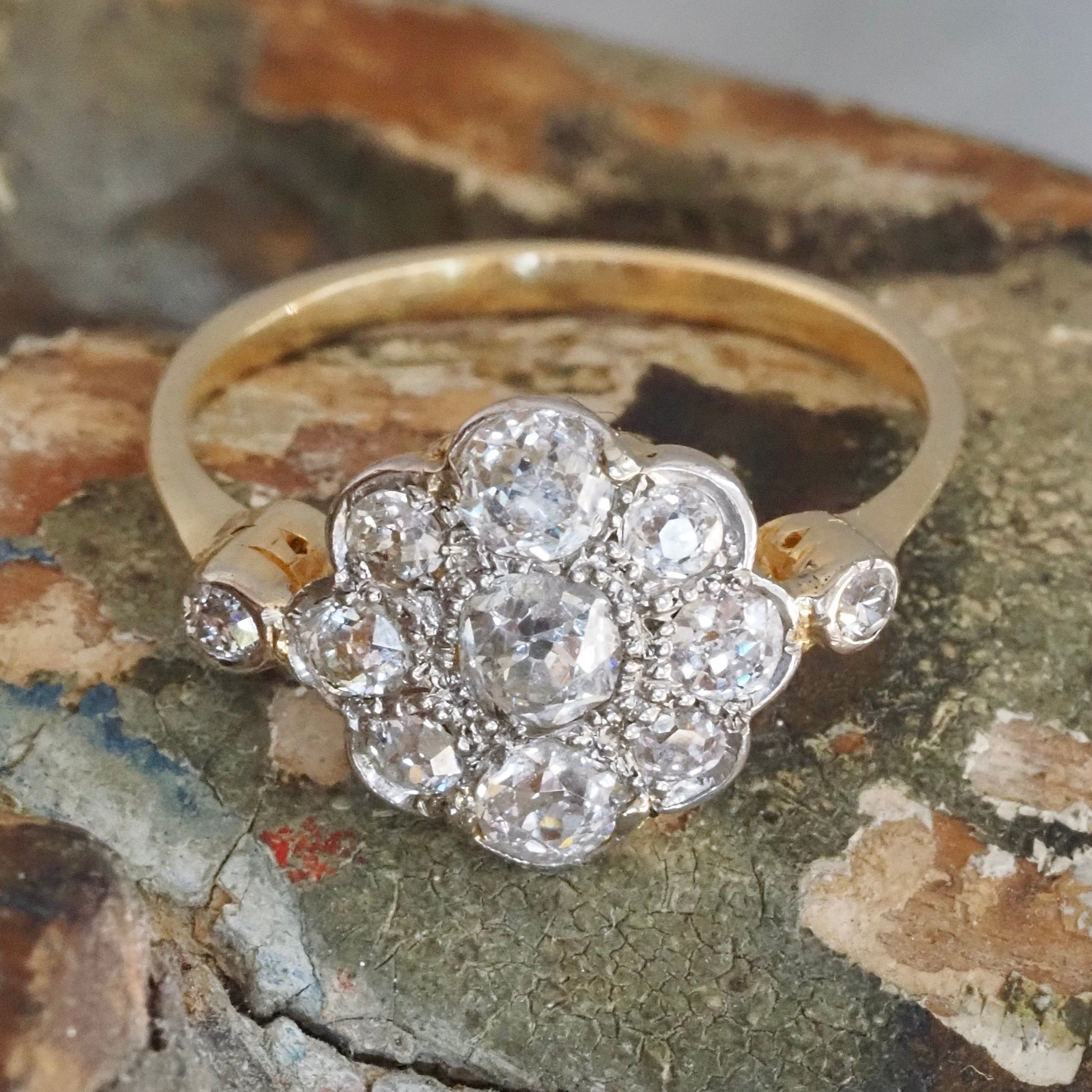 Antique Edwardian 18k Gold Old Mine Cut Diamond Cluster Ring