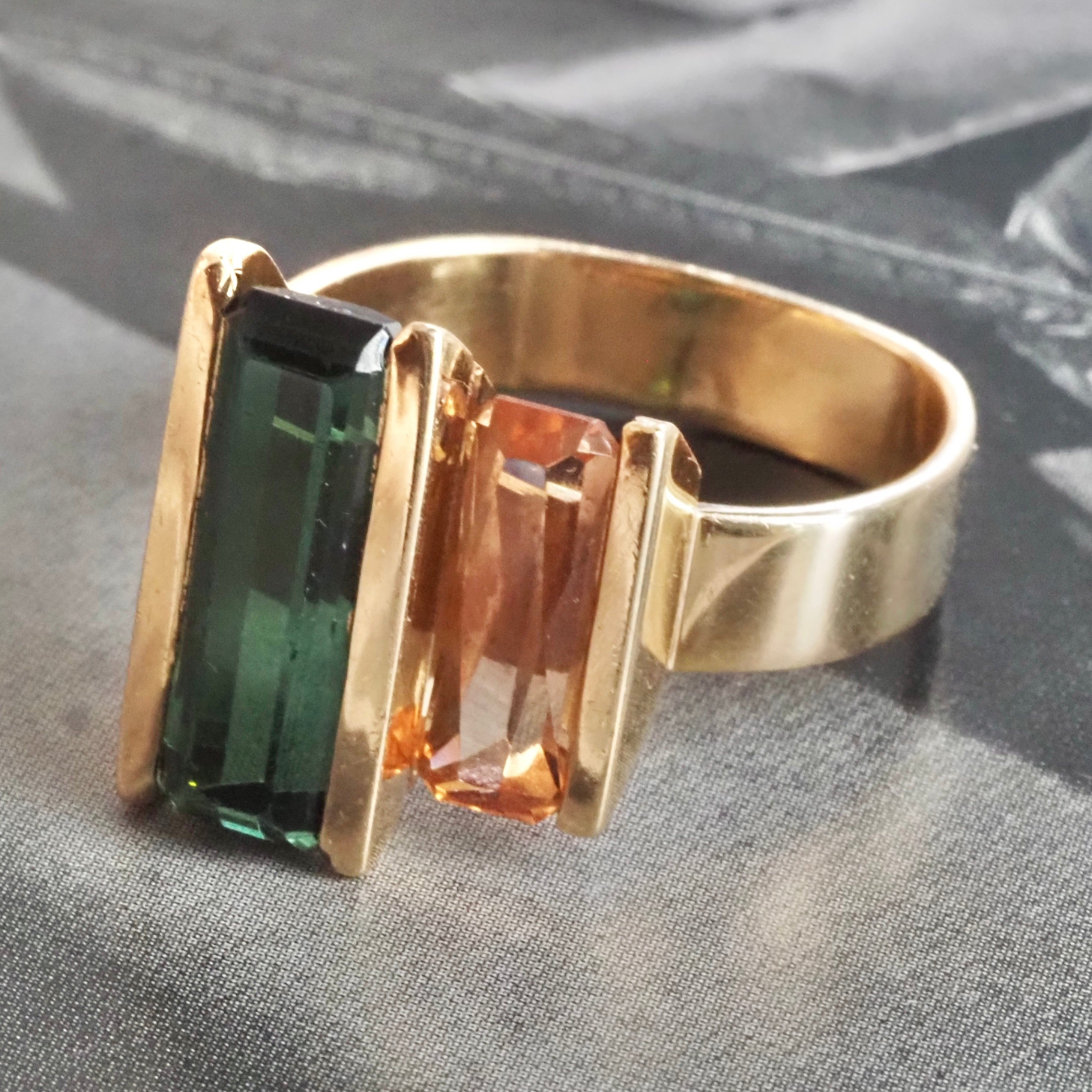 Modernist Tourmaline and Imperial Topaz 14k Gold Ring