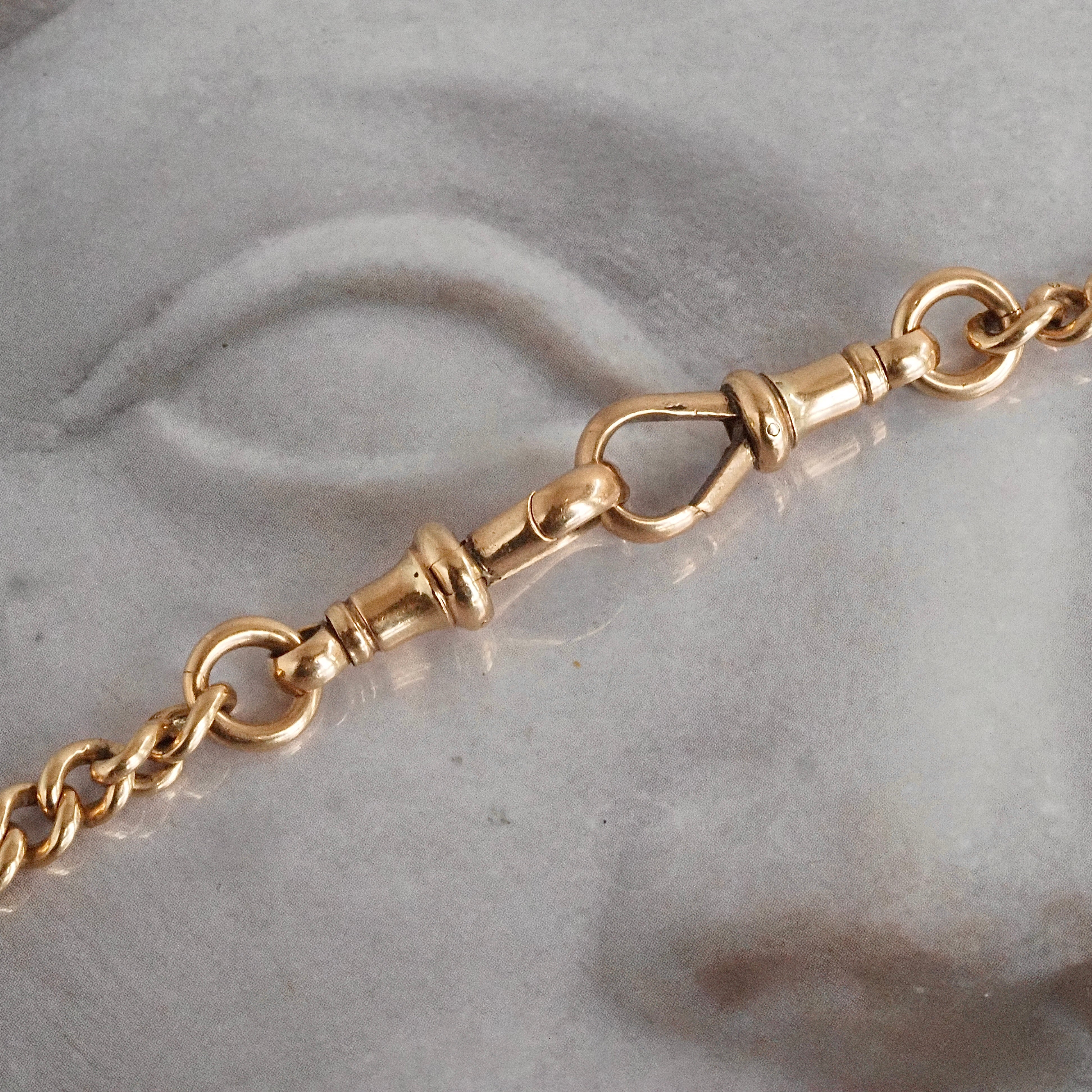 Antique English Graduated Curb Watch Chain Necklace with T-Bar and Bolt Clasp in 9k Gold