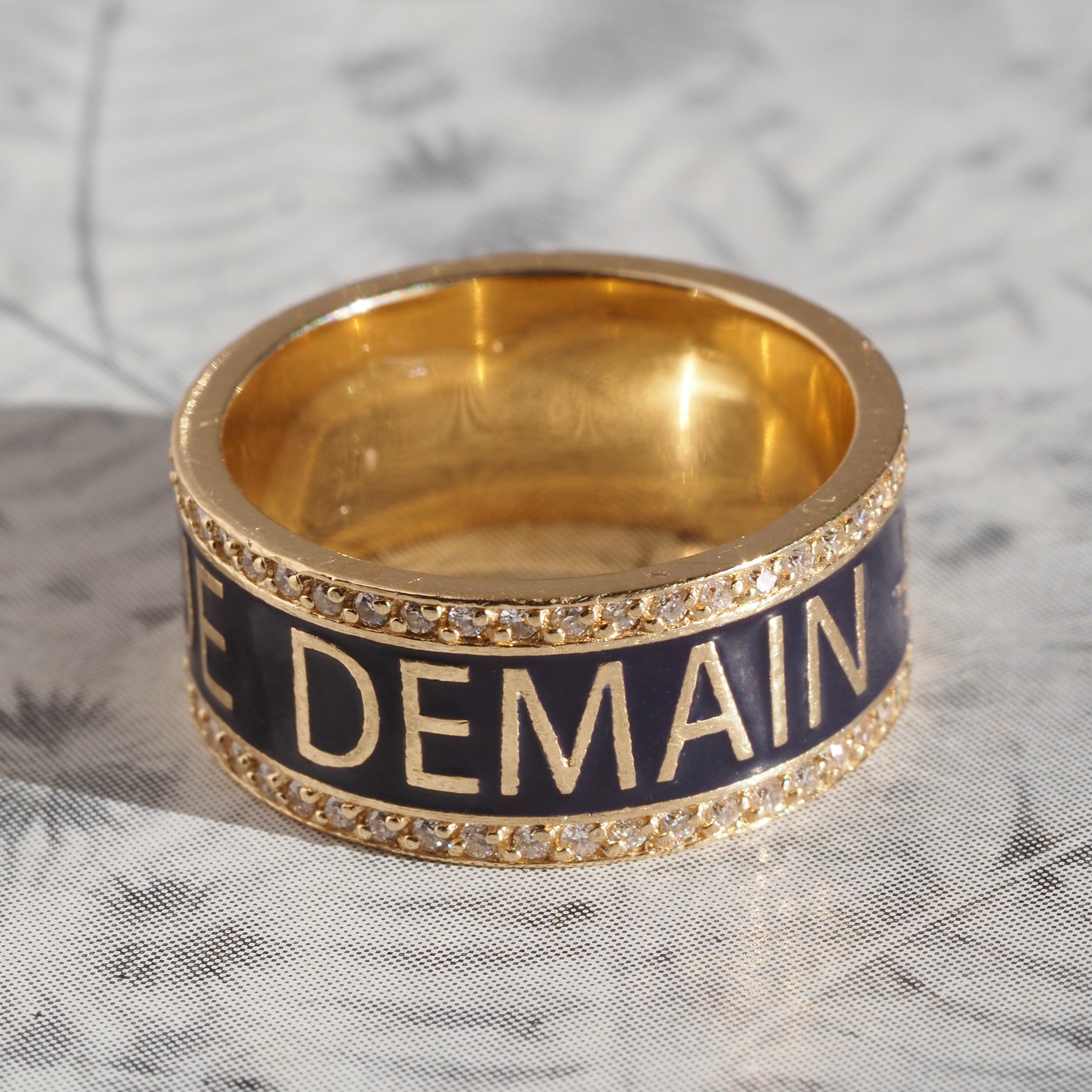 Qu'hier Que Demain "More Than Yesterday, Less Than Tomorrow" Blue Enamel and Diamond 14k Gold Band