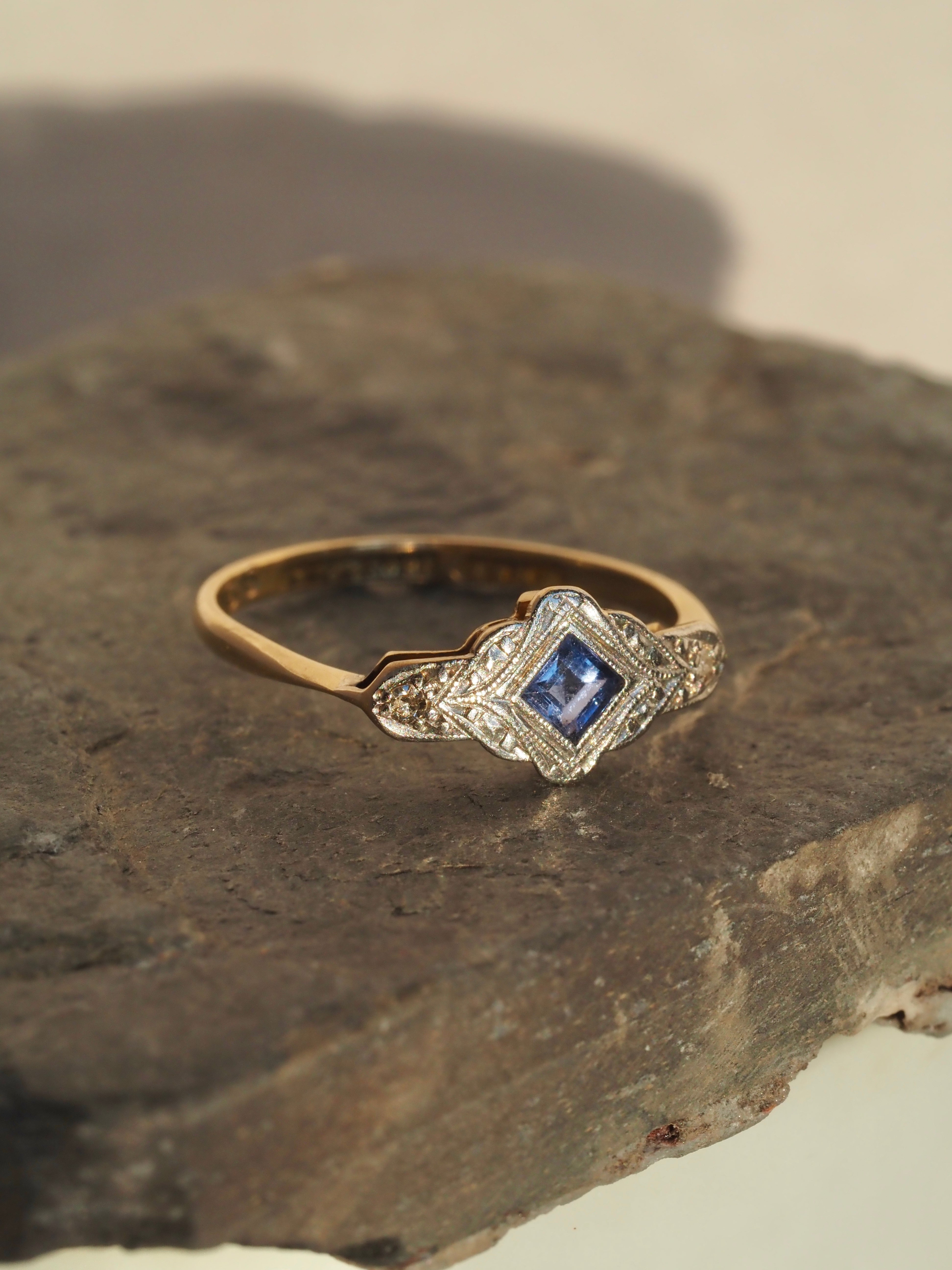 Antique English Sapphire & Diamond 18k Gold & Platinum Ring