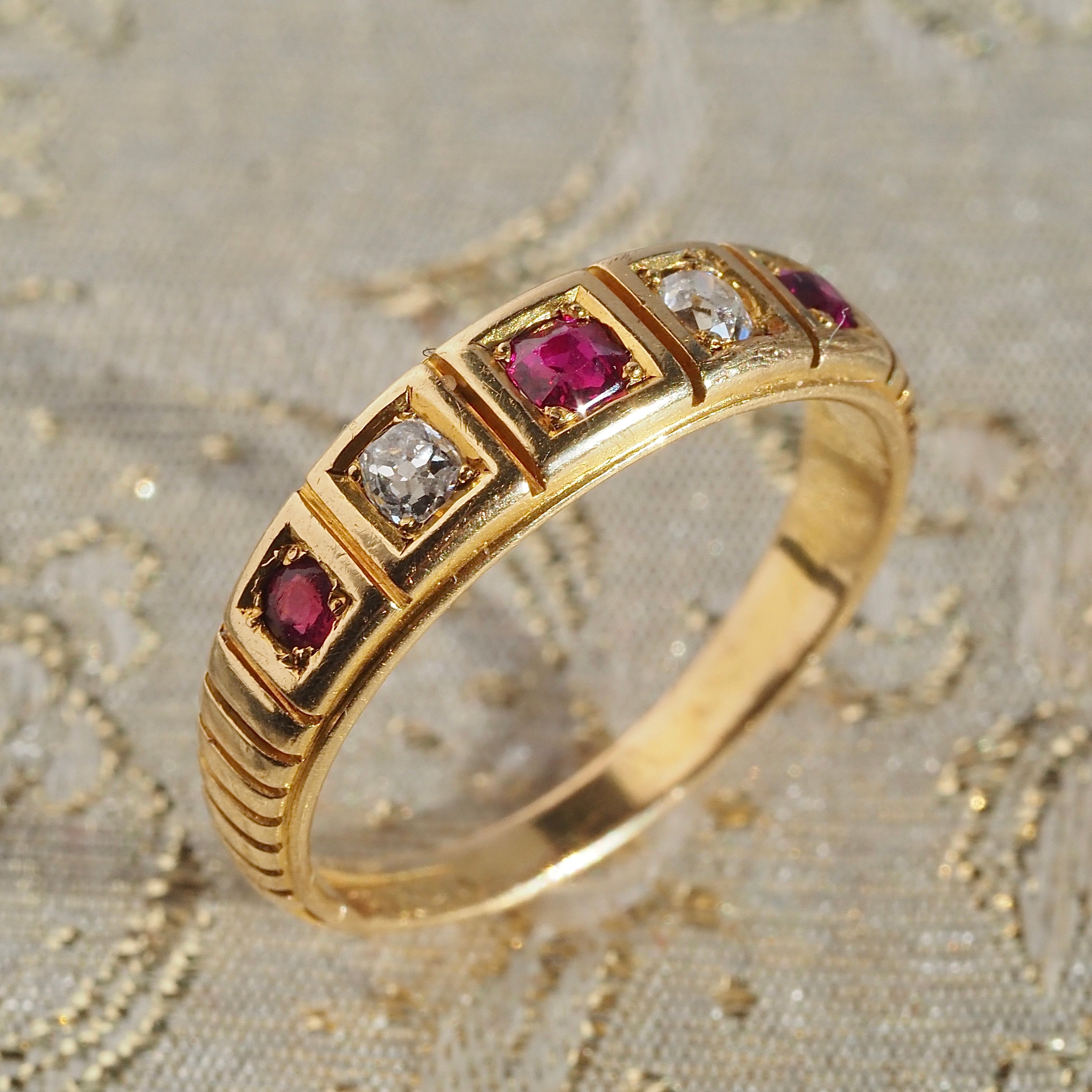 Antique Old Mine Cut Diamond and Ruby 18k Gold Five Stone Ring