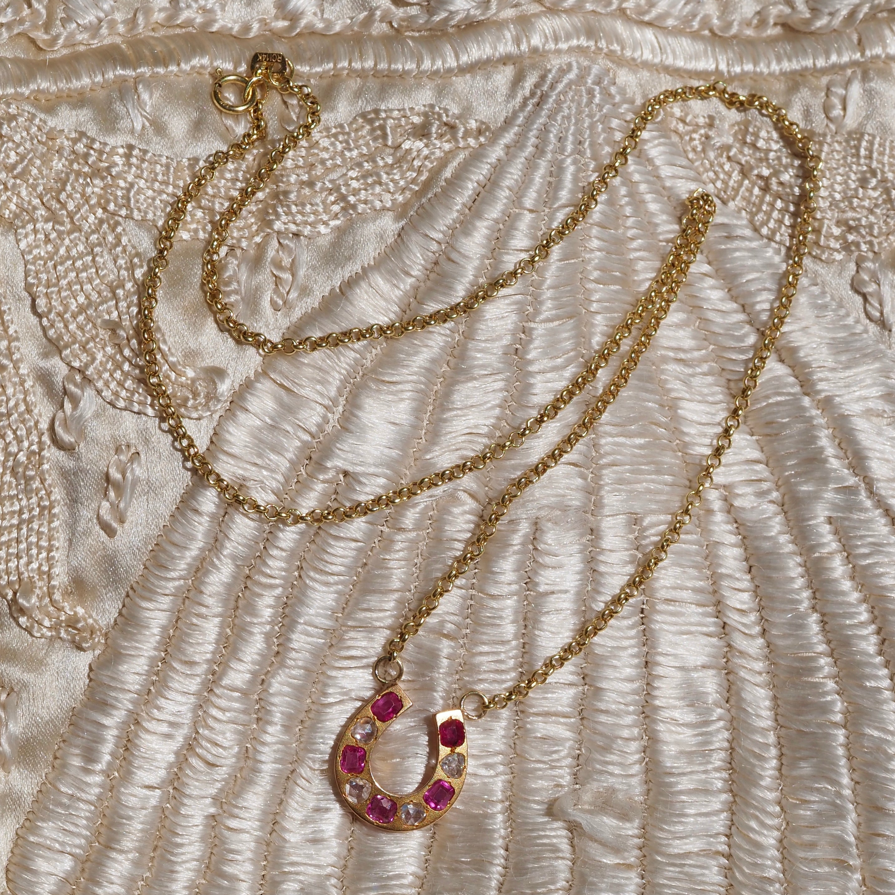 Antique Victorian French 18k Gold Ruby and Rose Cut Diamond Horseshoe Necklace