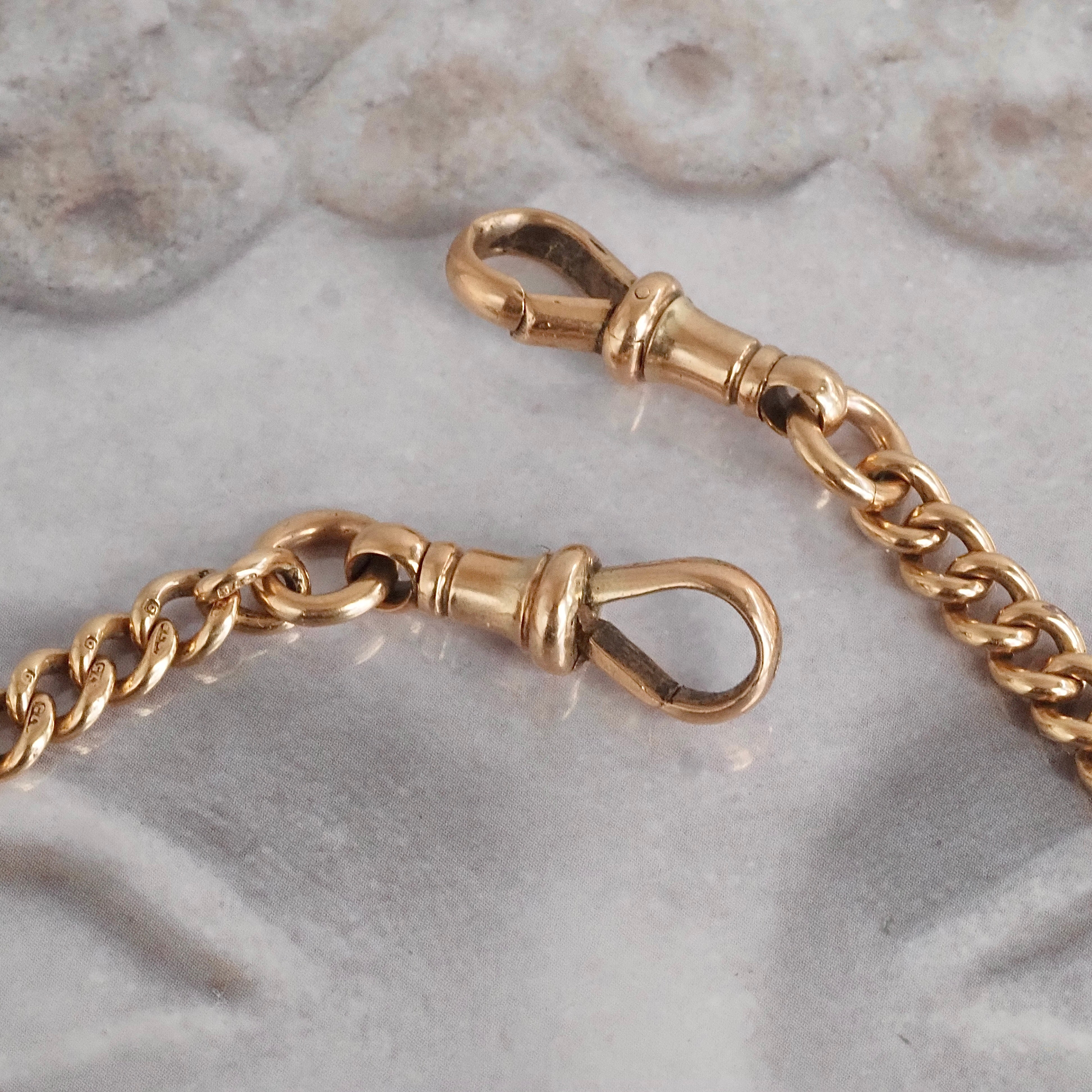 Antique English Graduated Curb Watch Chain Necklace with T-Bar and Bolt Clasp in 9k Gold