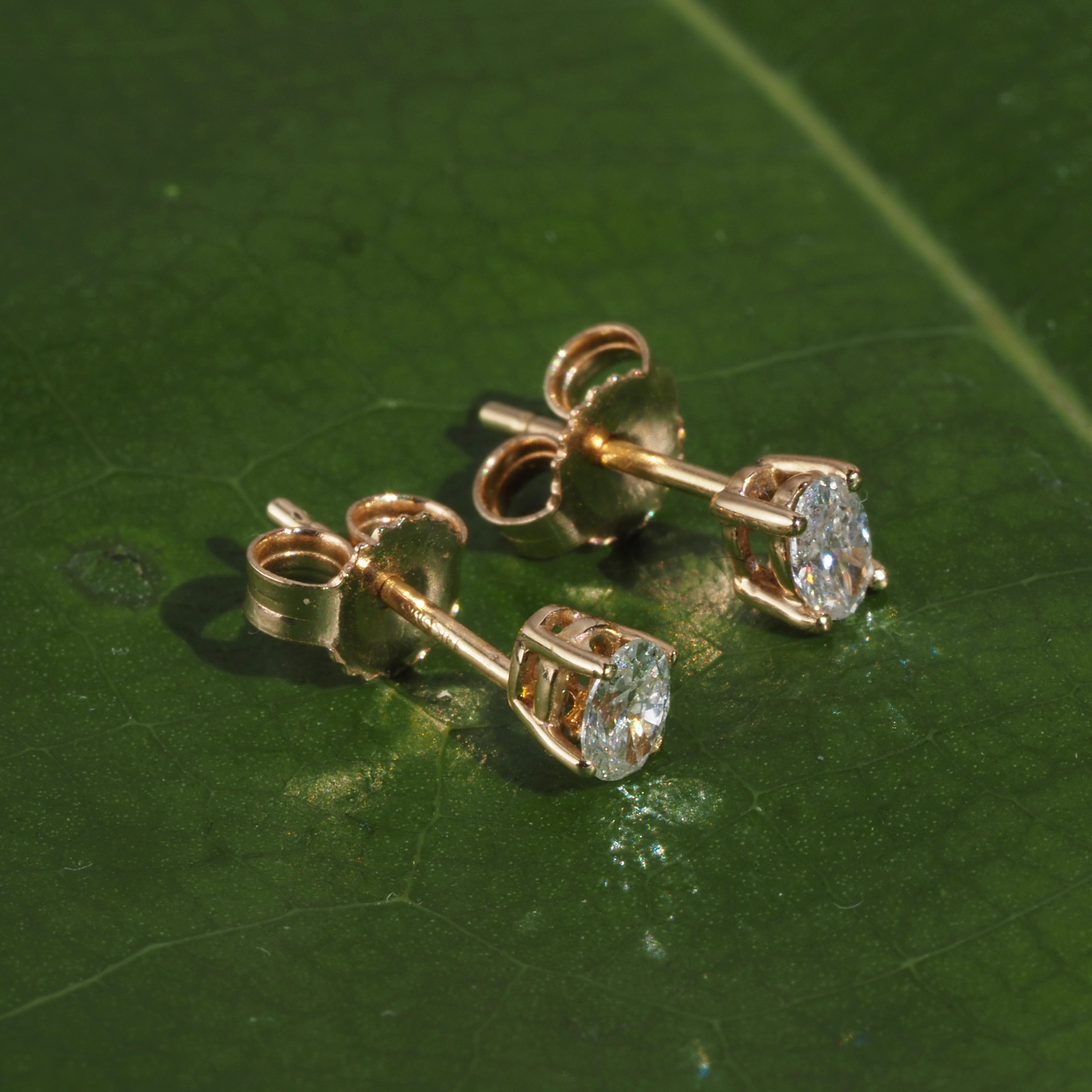 Vintage 14k Gold Oval Diamond Stud Earrings