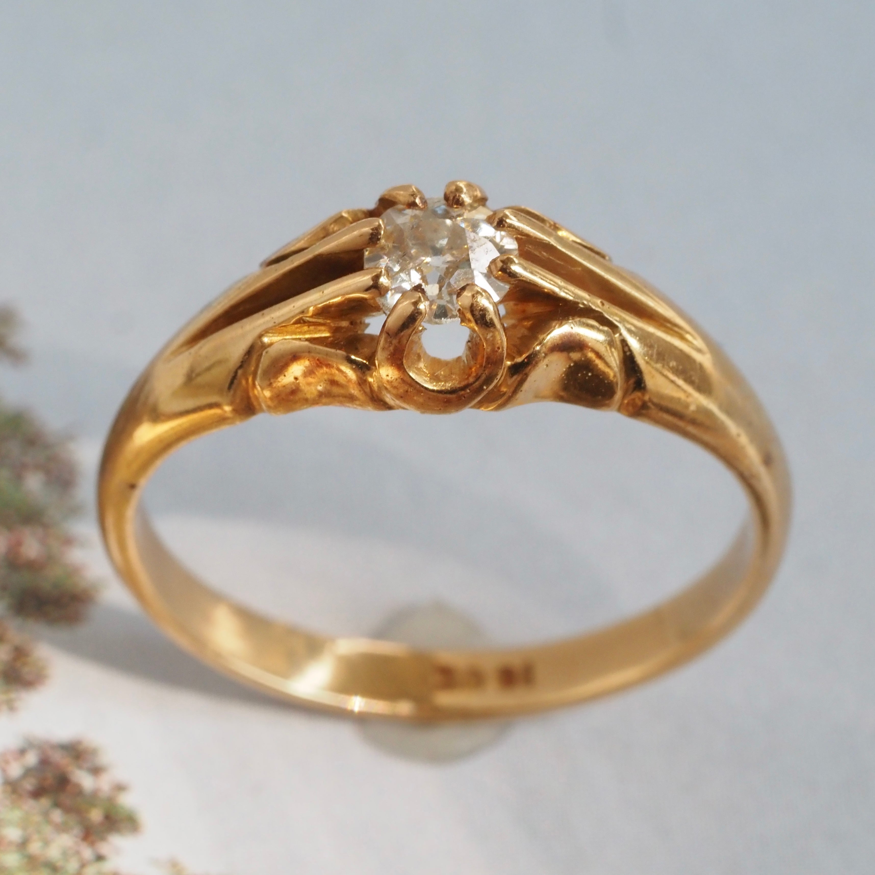 Antique Victorian English 18k Gold Old Mine Cut Diamond Belcher Engagement Ring