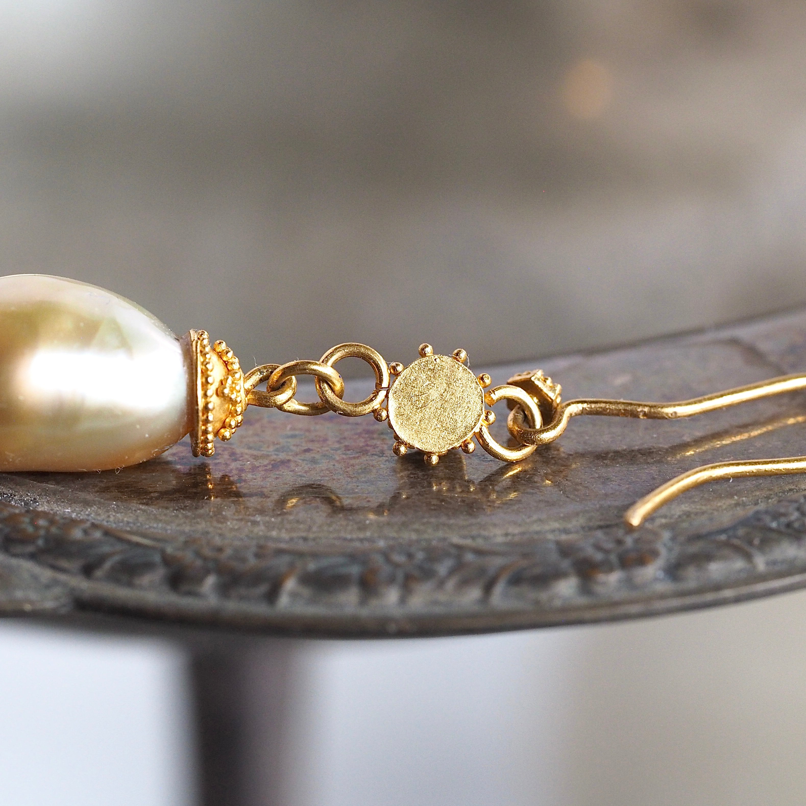 Vintage 21k Gold Baroque Pearl and Brown Diamond Earrings