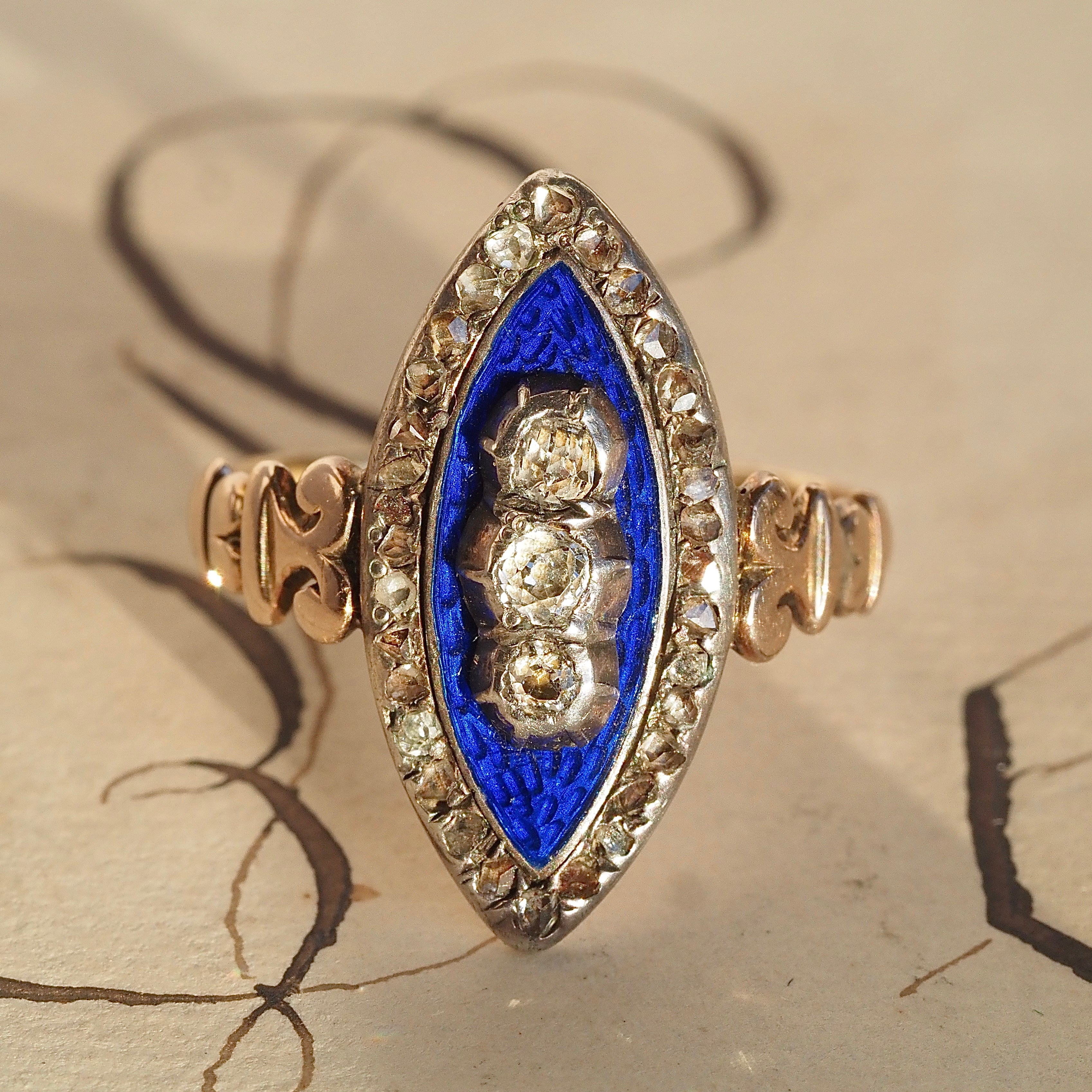 Antique Georgian "Bague au Firmament" Ring of the Heavens Rose Cut Diamond Midnight Enamel 15k Gold & Silver Navette Ring