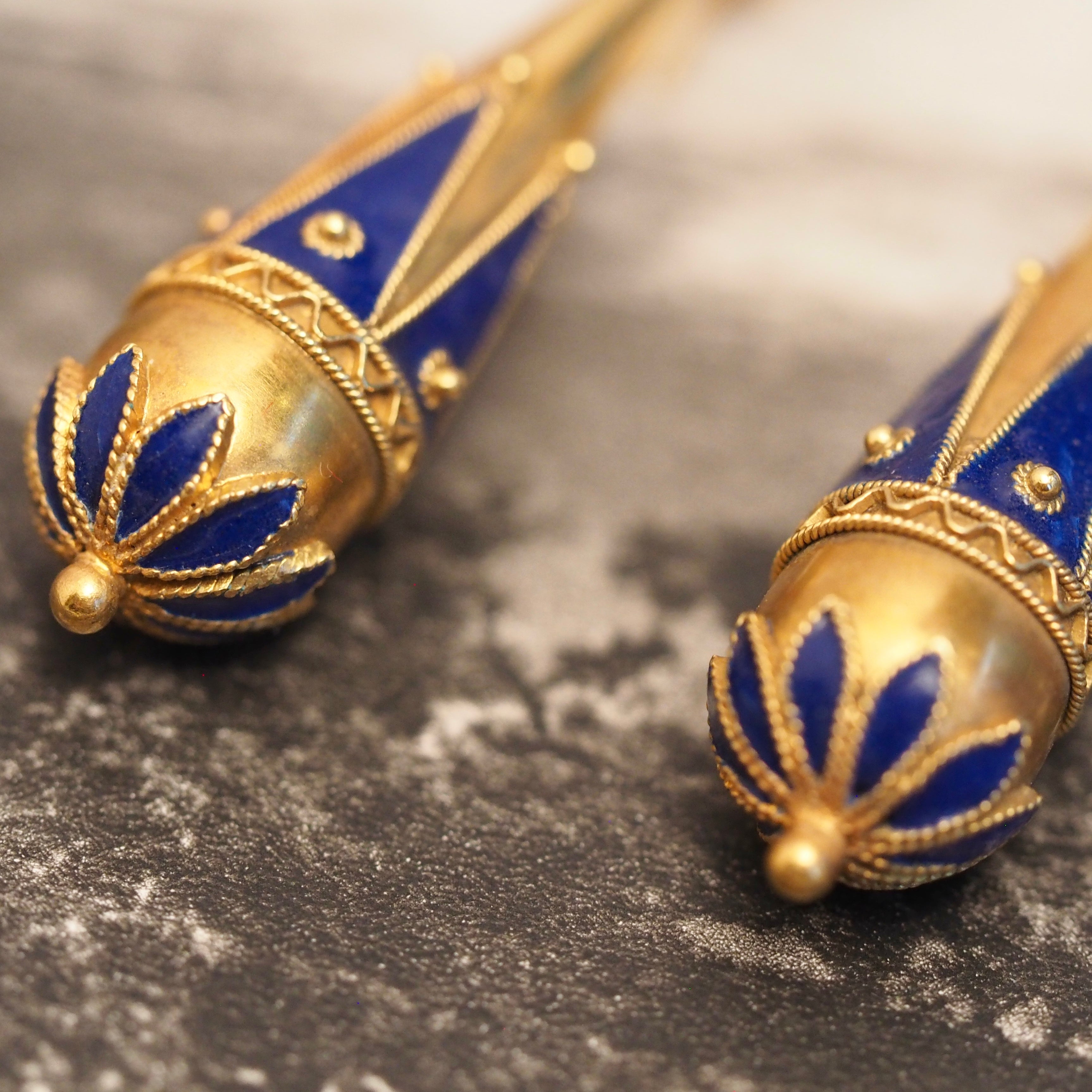 Antique English Victorian 15k Gold and Enamel Torpedo Earrings
