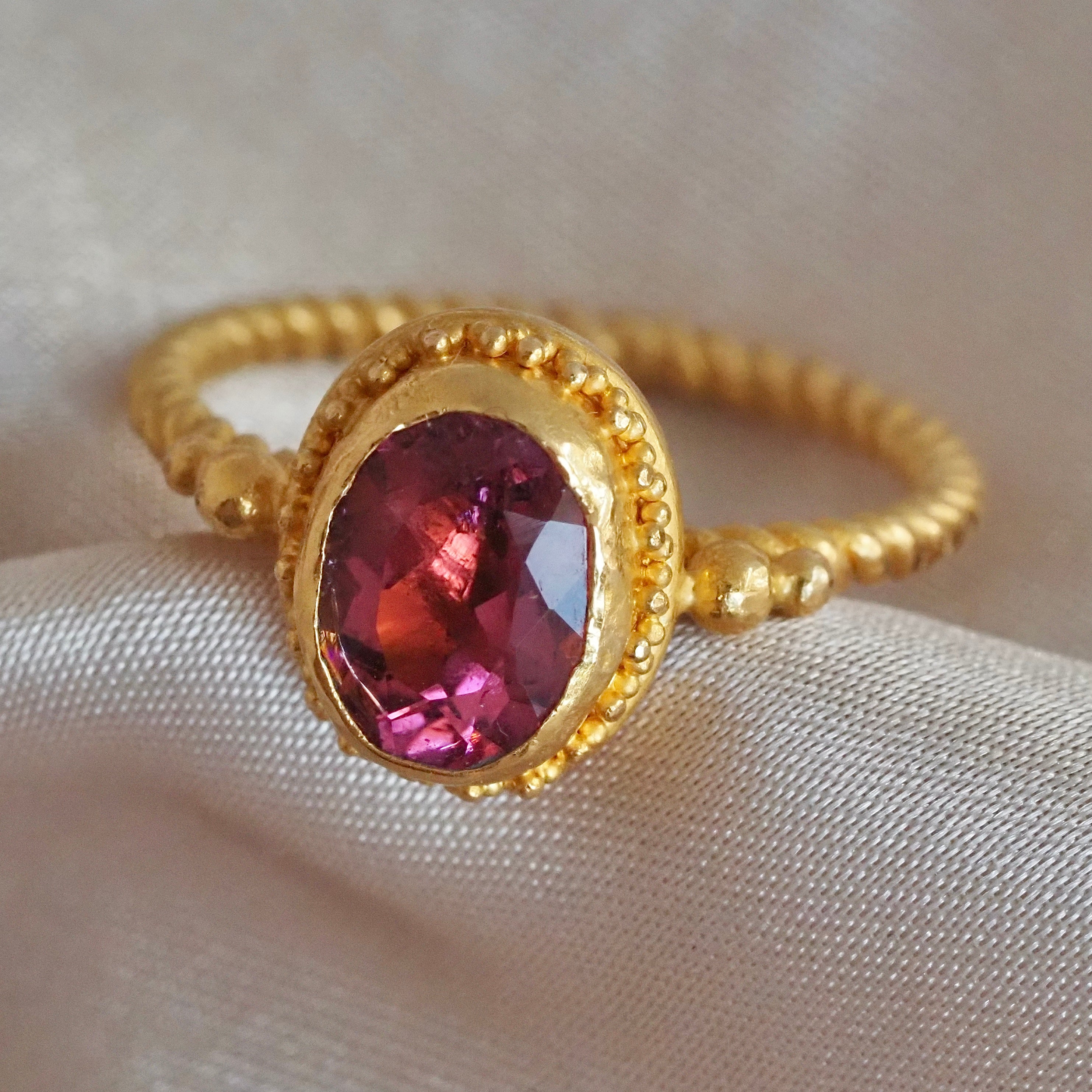 Vintage Etruscan Revival 22k Gold Pink Tourmaline Ring