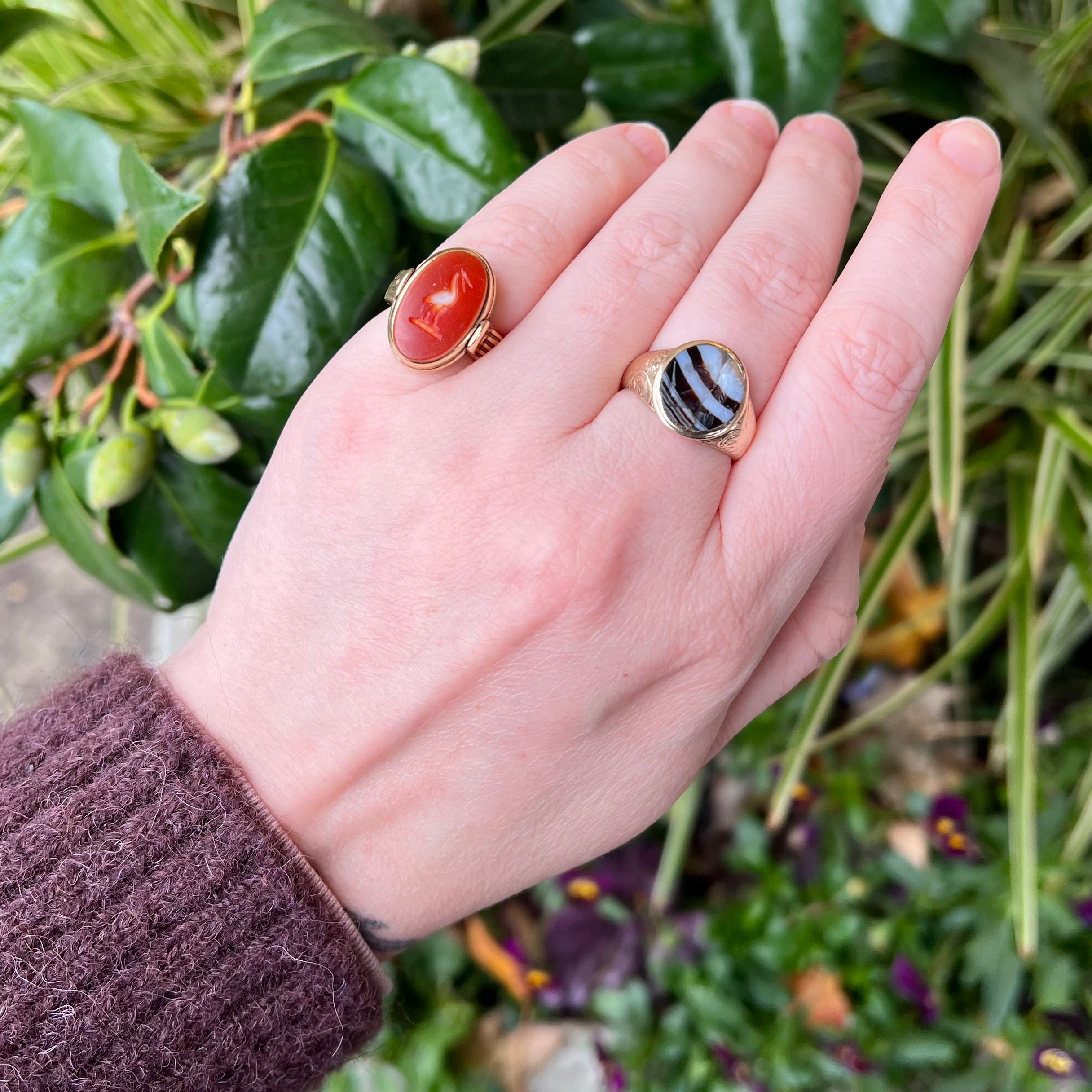 Antique Victorian Heron & Boar Swivel Intaglio Carnelian and Banded Agate 14k Gold Ring