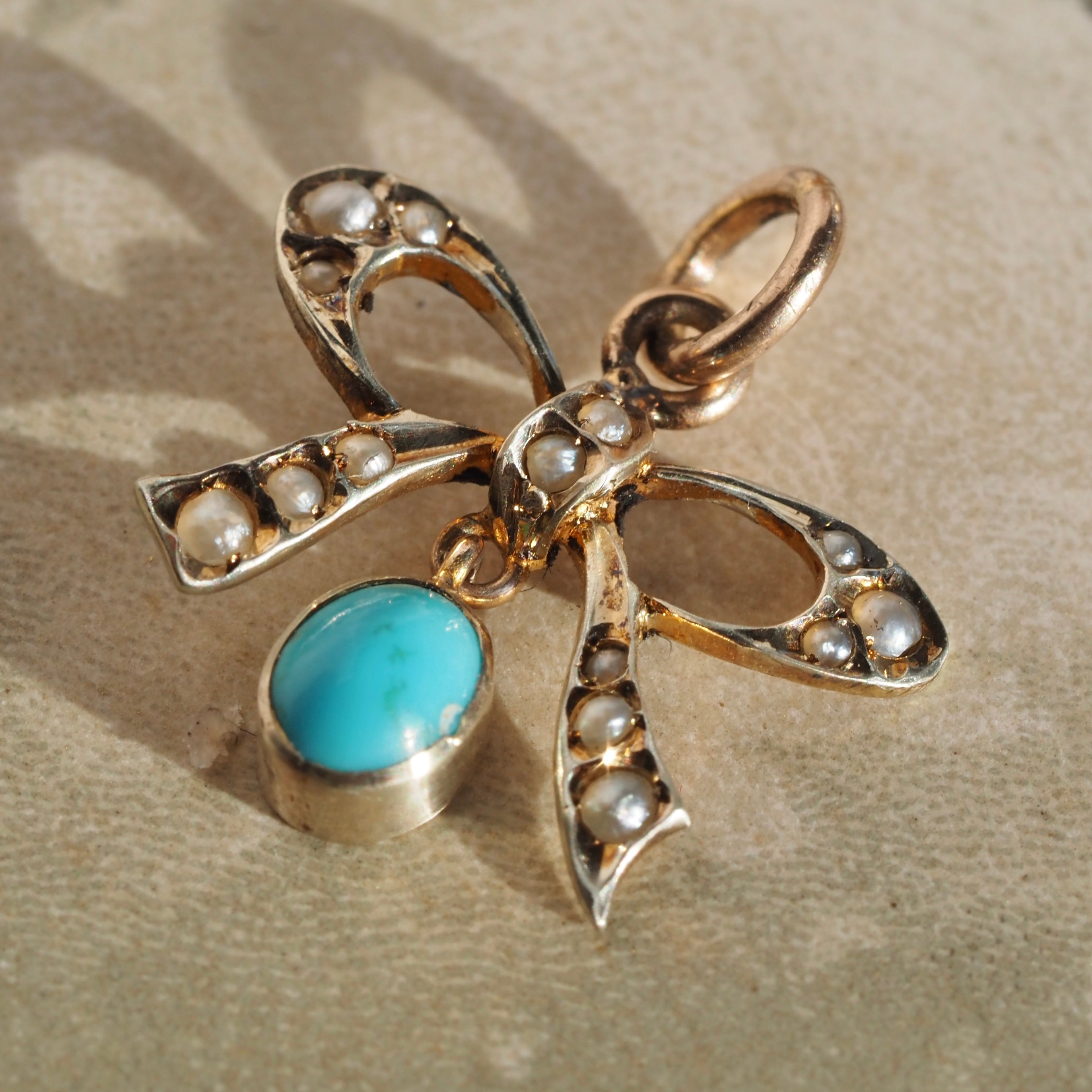Antique Seed Pearl and Turquoise 10k Gold Bow Charm Pendant