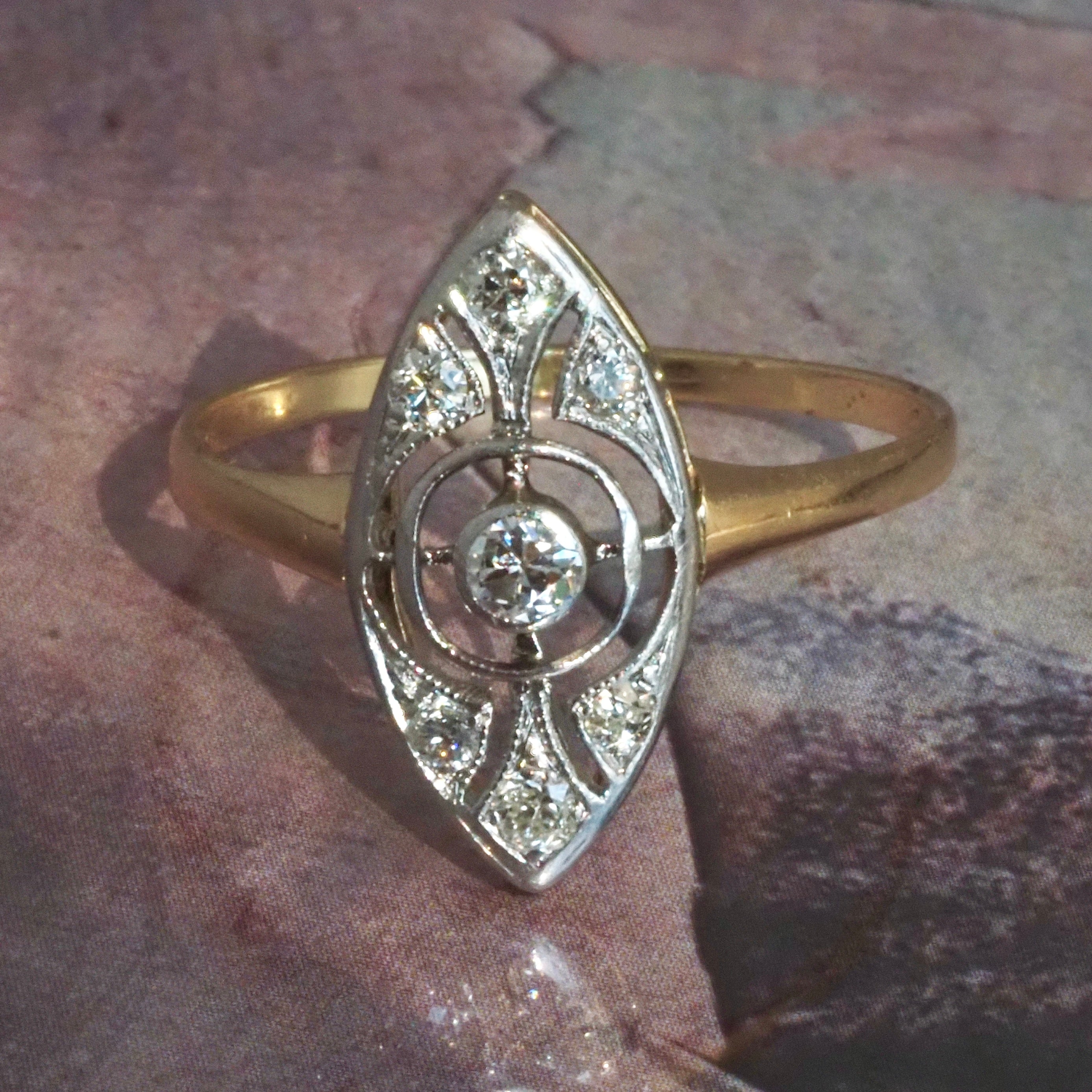 Antique Late Edwardian Navette Diamond Platinum 14k Gold Ring