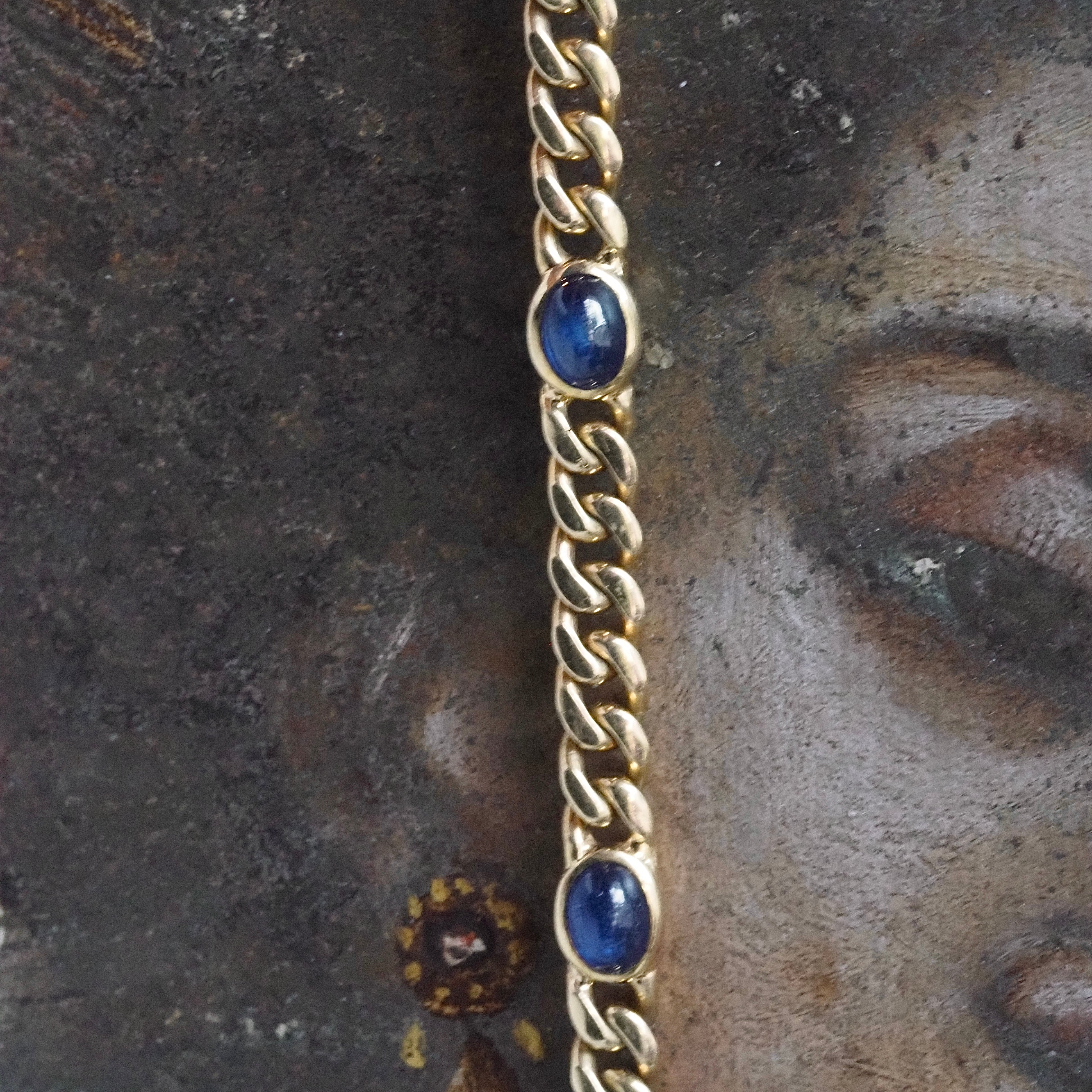 Vintage Italian Natural Blue Sapphire Cabochon 14k Gold Curb Link Station Bracelet