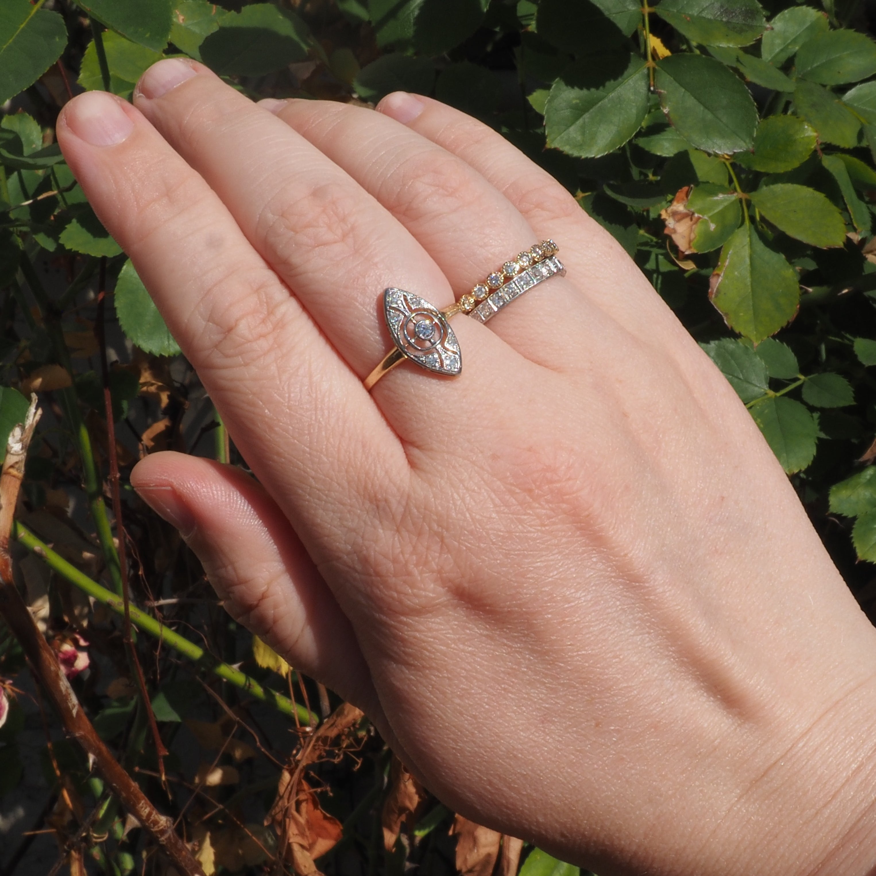 Antique Late Edwardian Navette Diamond Platinum 14k Gold Ring