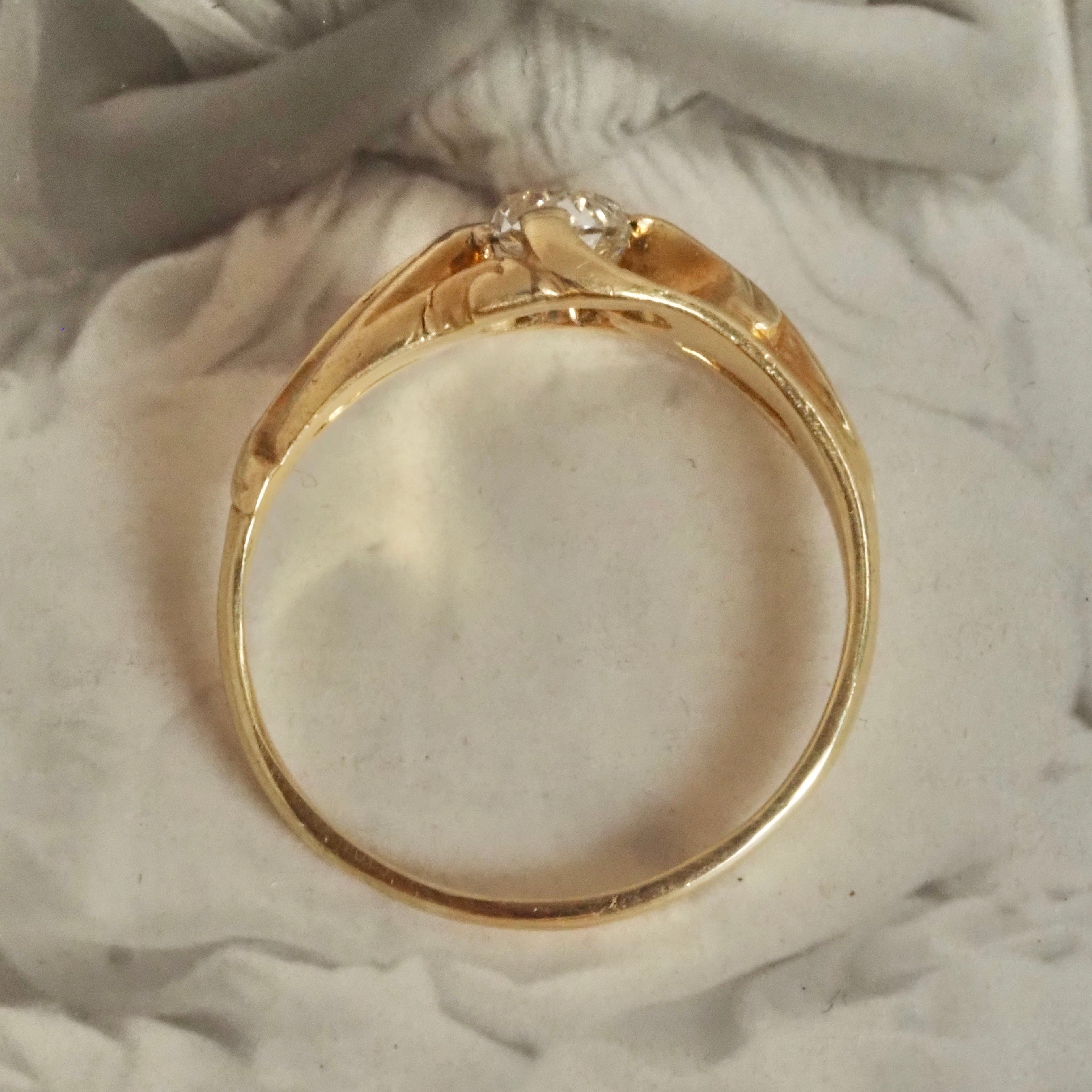 Antique French Art Nouveau Old Mine Cut Diamond 18k Gold Belcher Engagement Ring