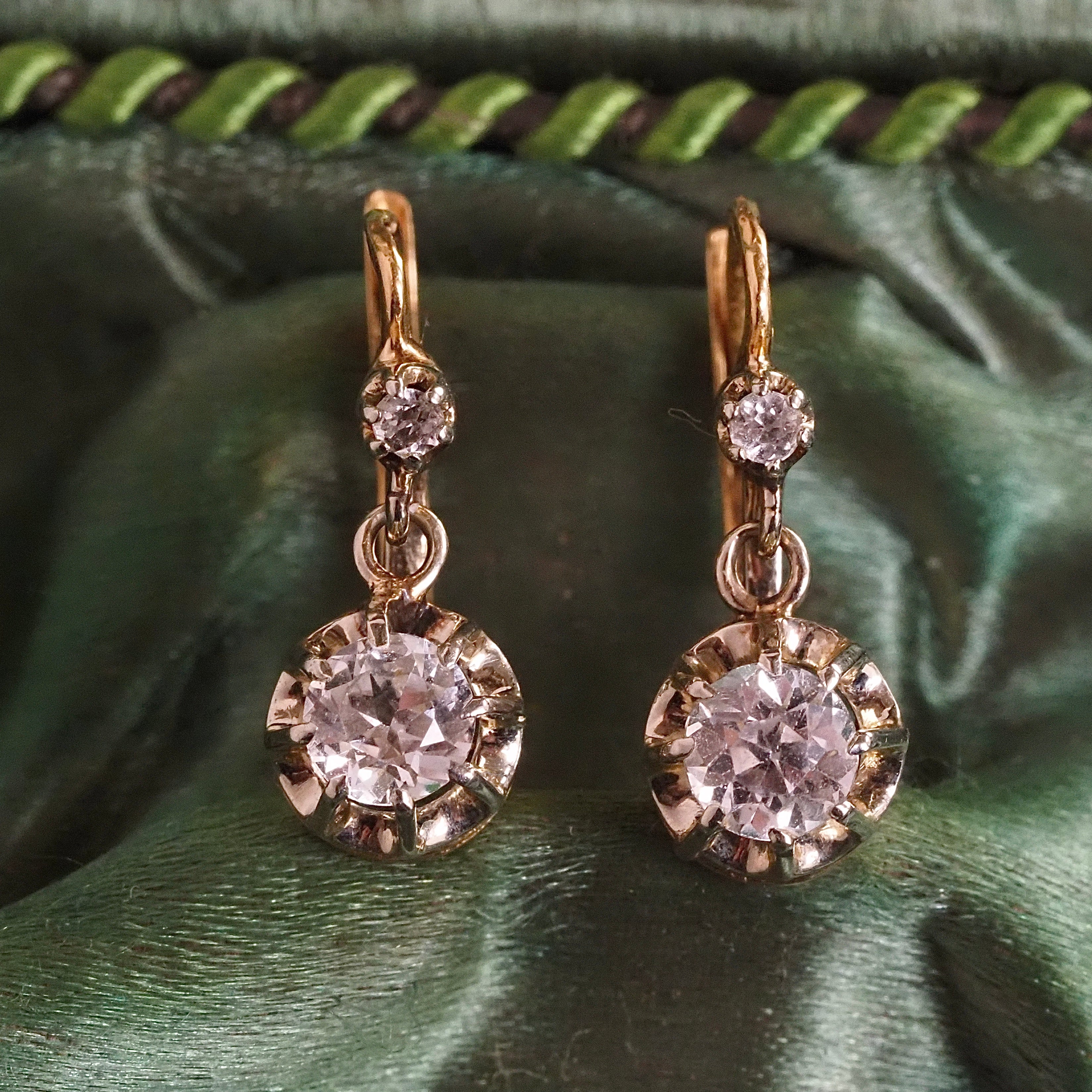 Antique French White Sapphire 18k Gold Earrings