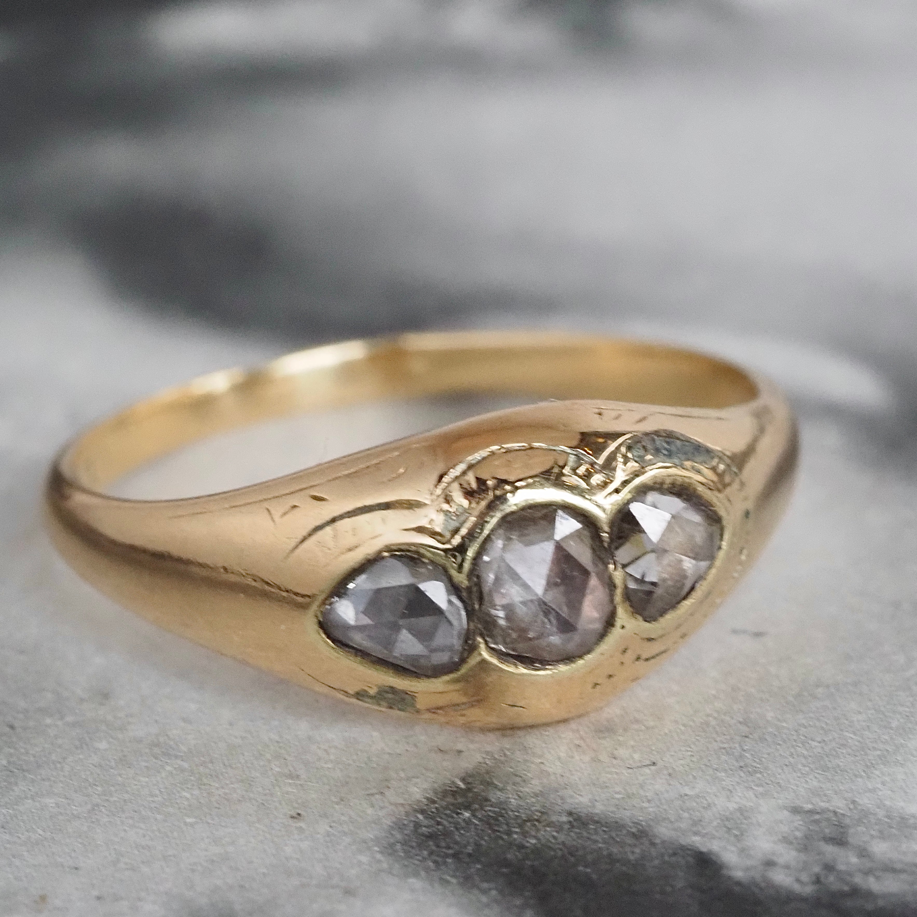 Antique French Rose Cut Diamond Trilogy 18k Gold Ring