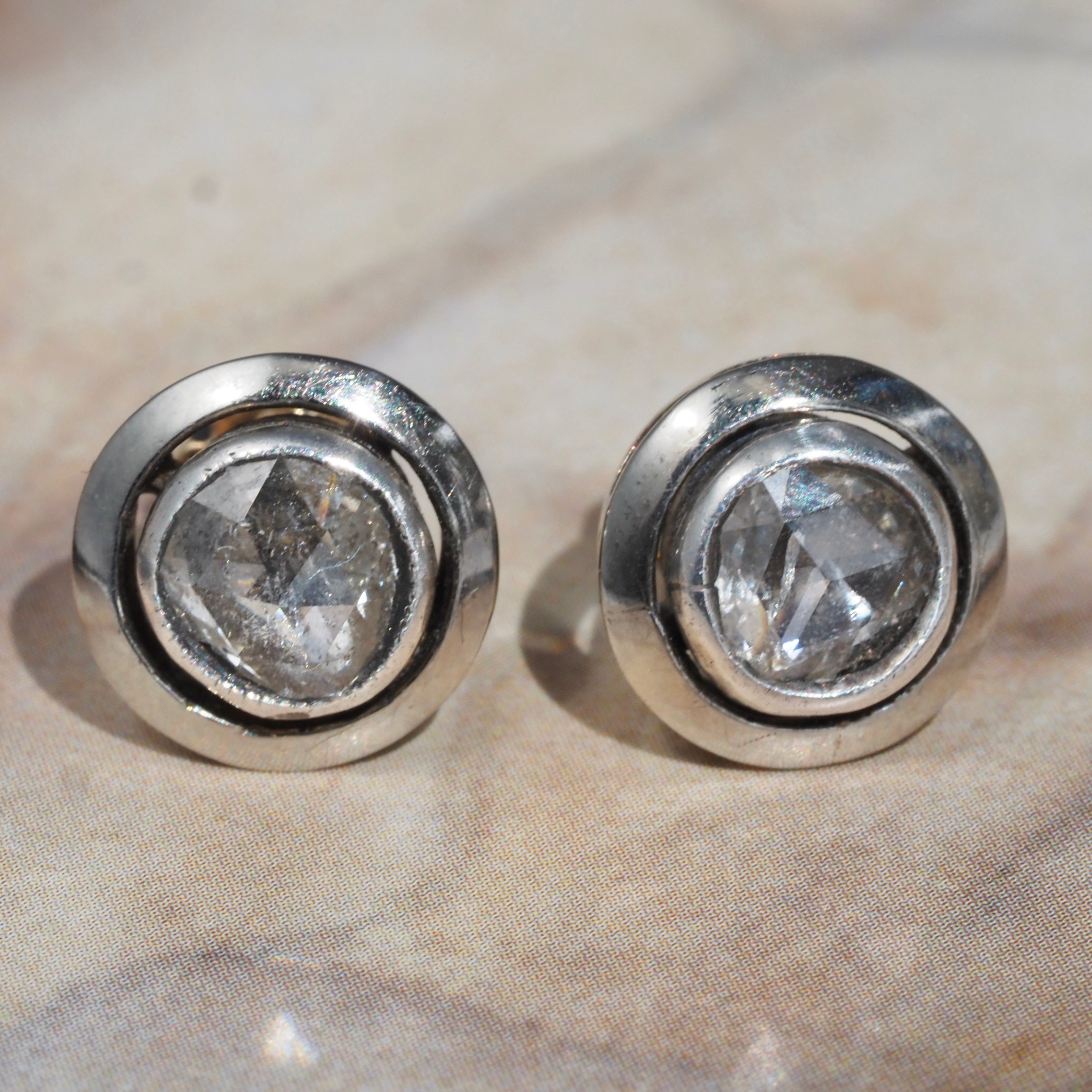 Antique Turn of the Century Rose Cut Diamond 14k Gold and Sterling Silver Stud Earrings