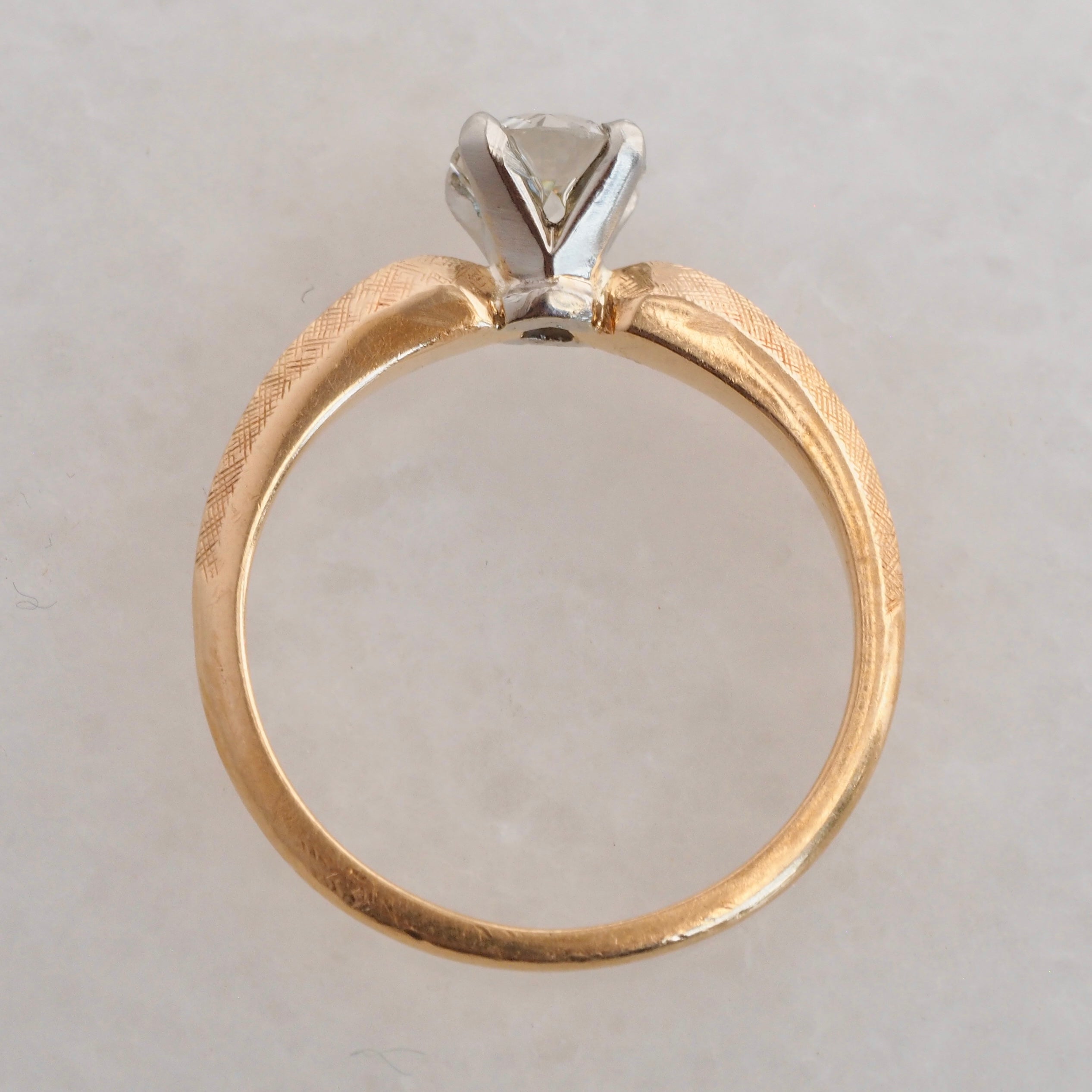 Midcentury Modern Brushed 18k Gold Old European Cut Diamond Ring