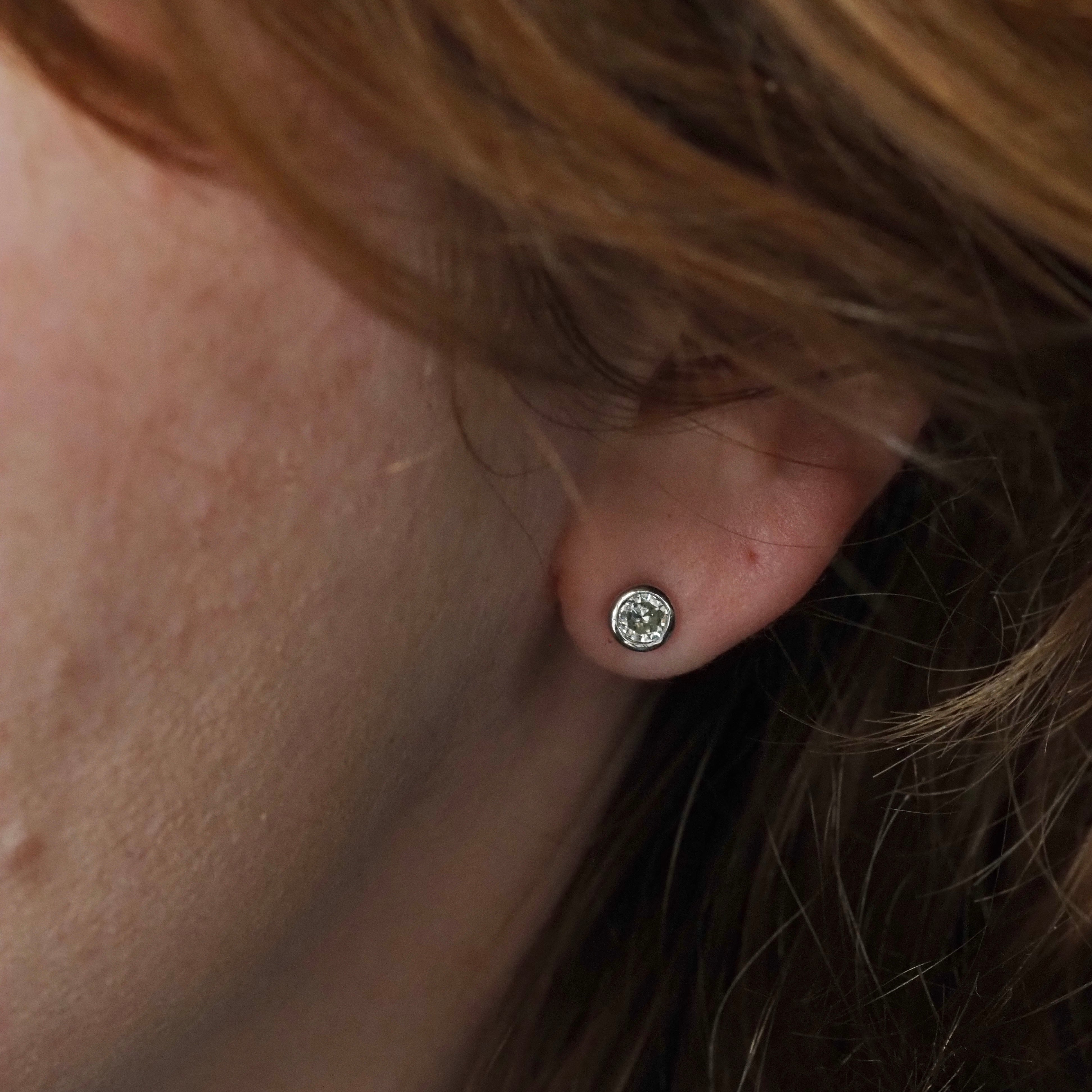 Vintage Diamond 18k White Gold Bezel Set Earrings