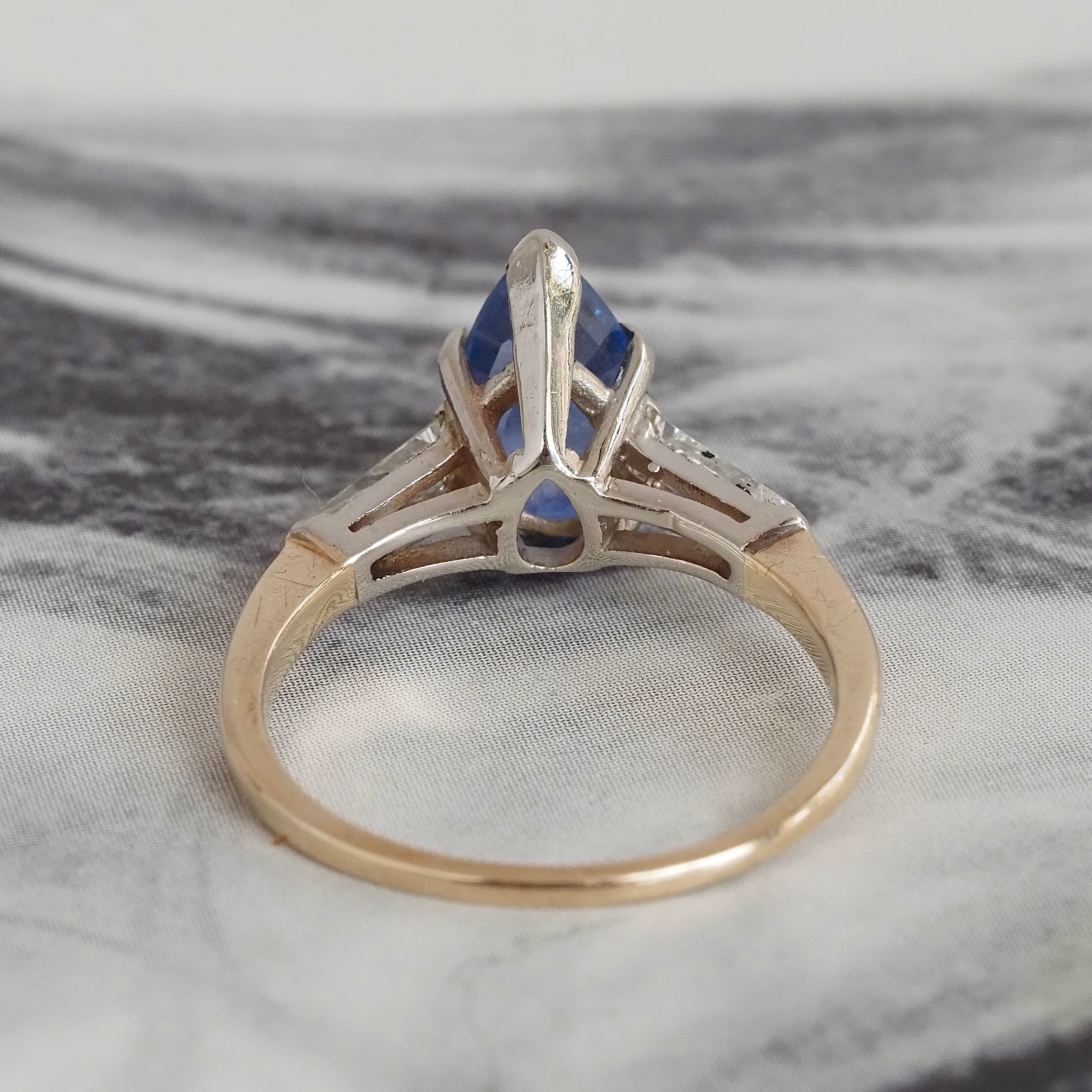Vintage Pear Sapphire and Tapered Baguette Diamond 14k Gold Ring