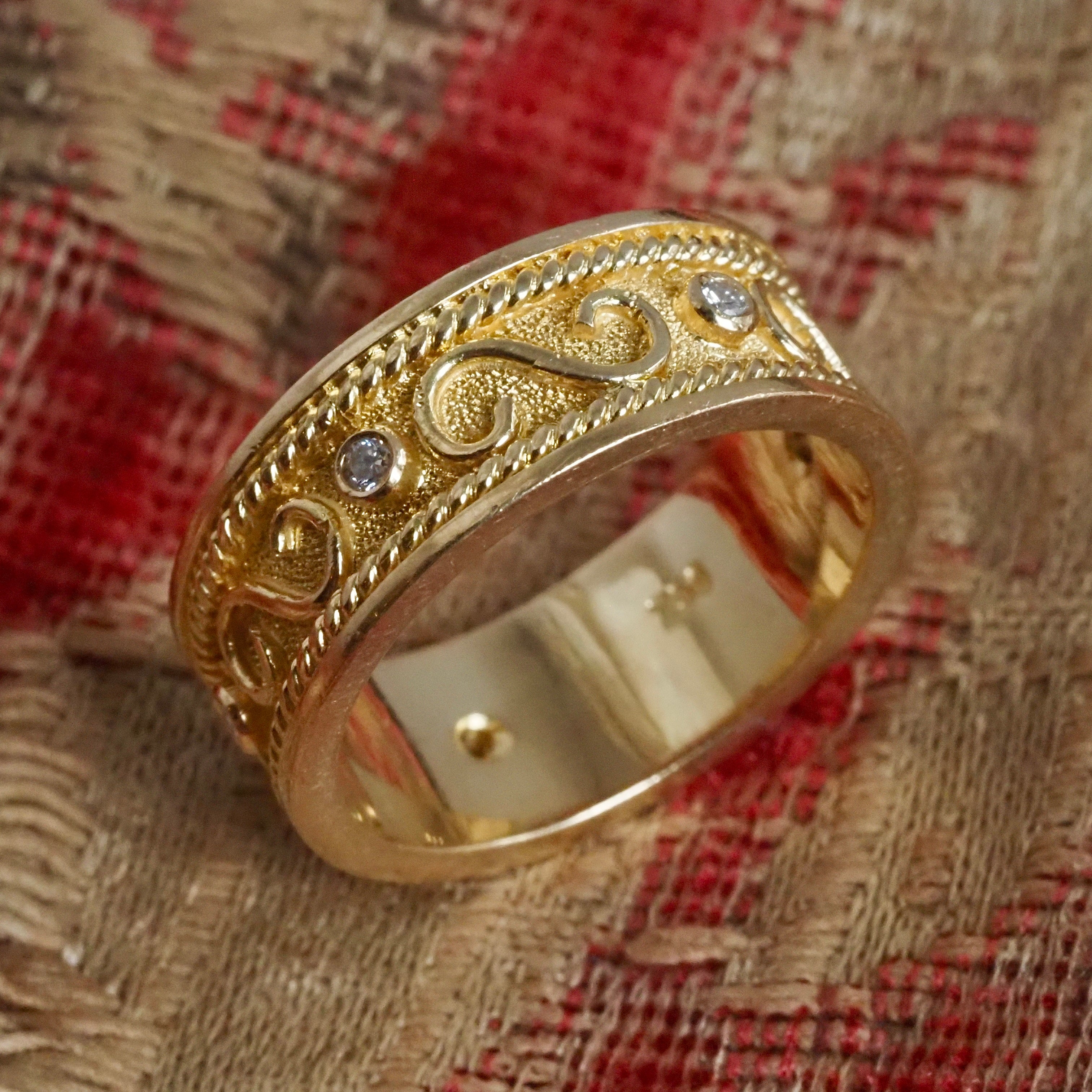 Vintage Etruscan Style 18k Gold Diamond Wide Band