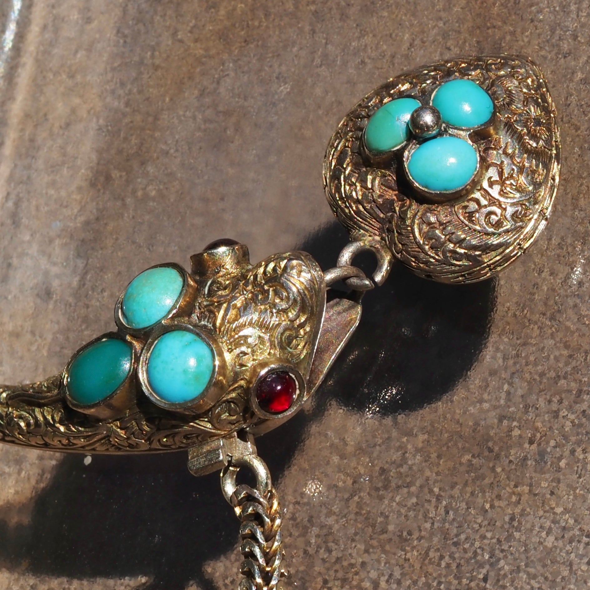 Antique Victorian 9k Gold Turquoise and Garnet Snake Locket Necklace