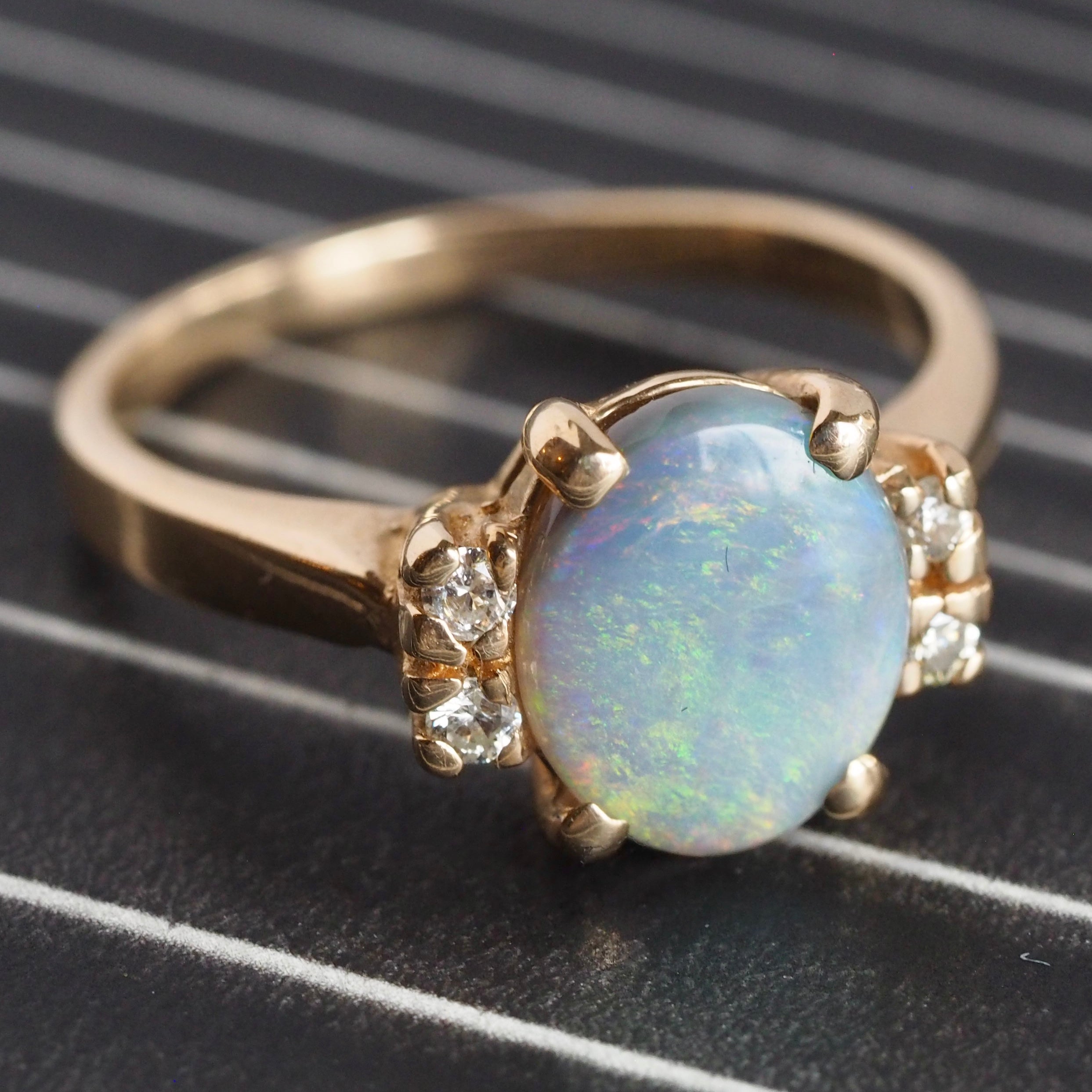 Vintage 14k Gold Black Opal and Diamond Ring