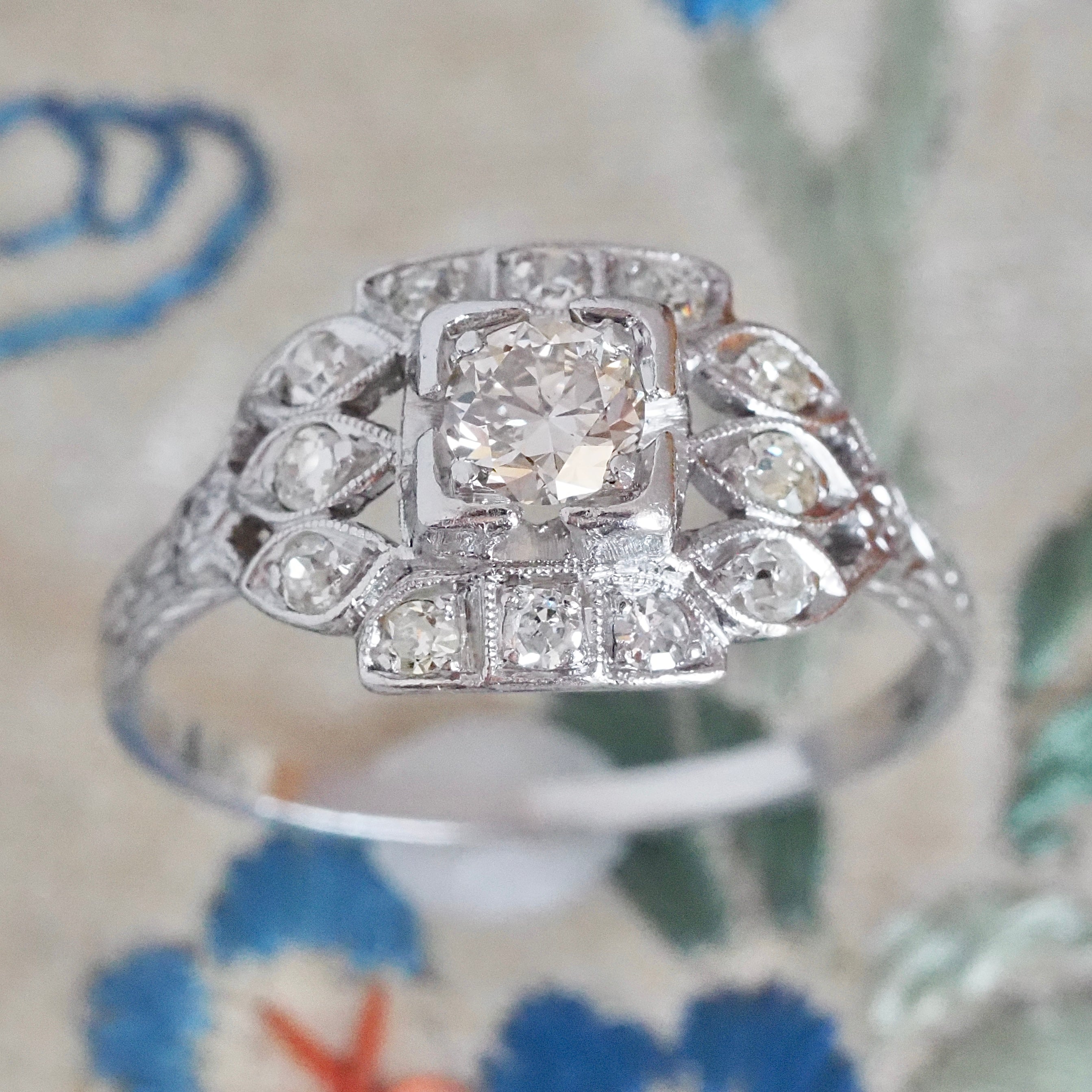 Antique Art Deco Platinum Old European Cut Diamond Shield Ring