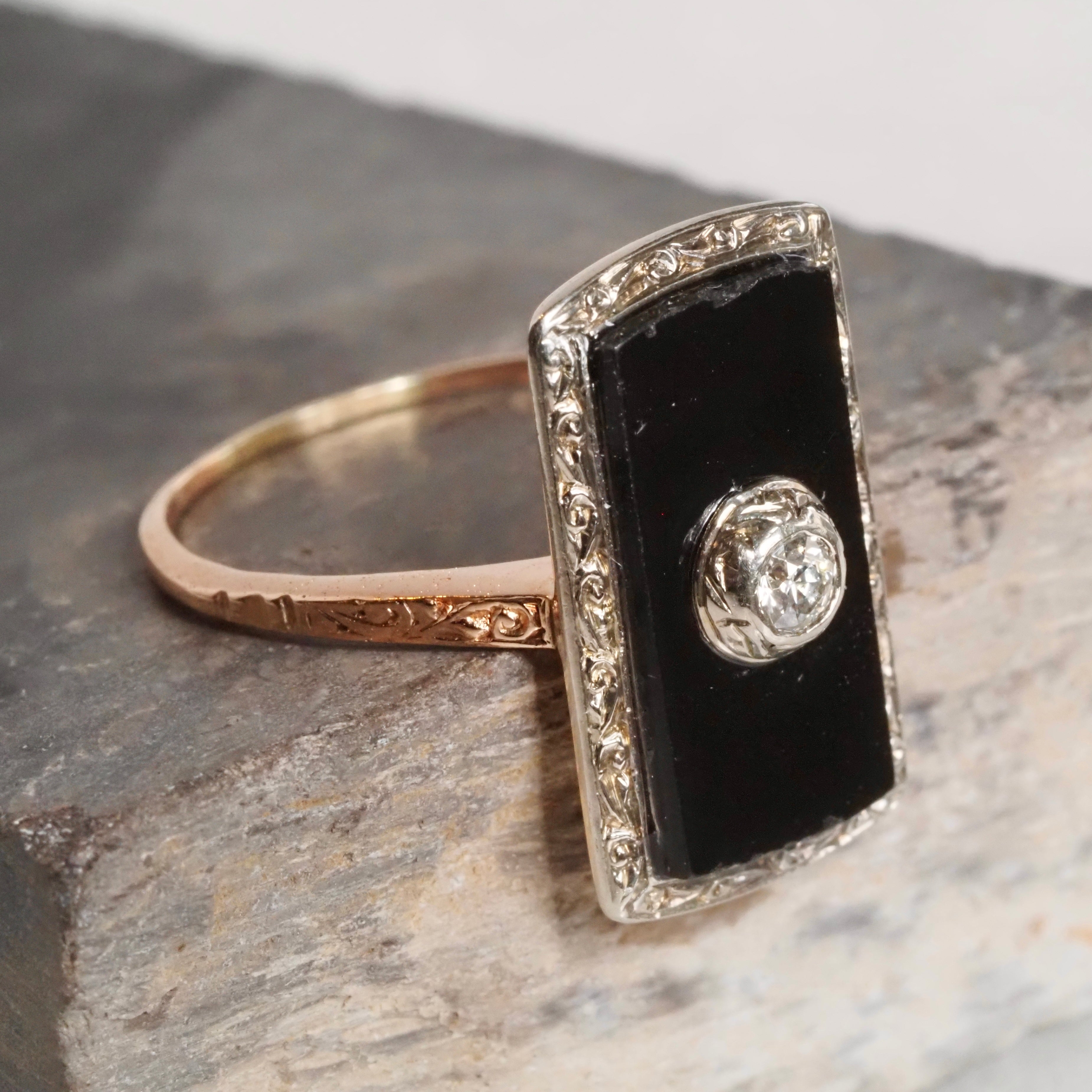 Antique Art Deco 10k White and Rose Gold Onyx and Diamond Ring