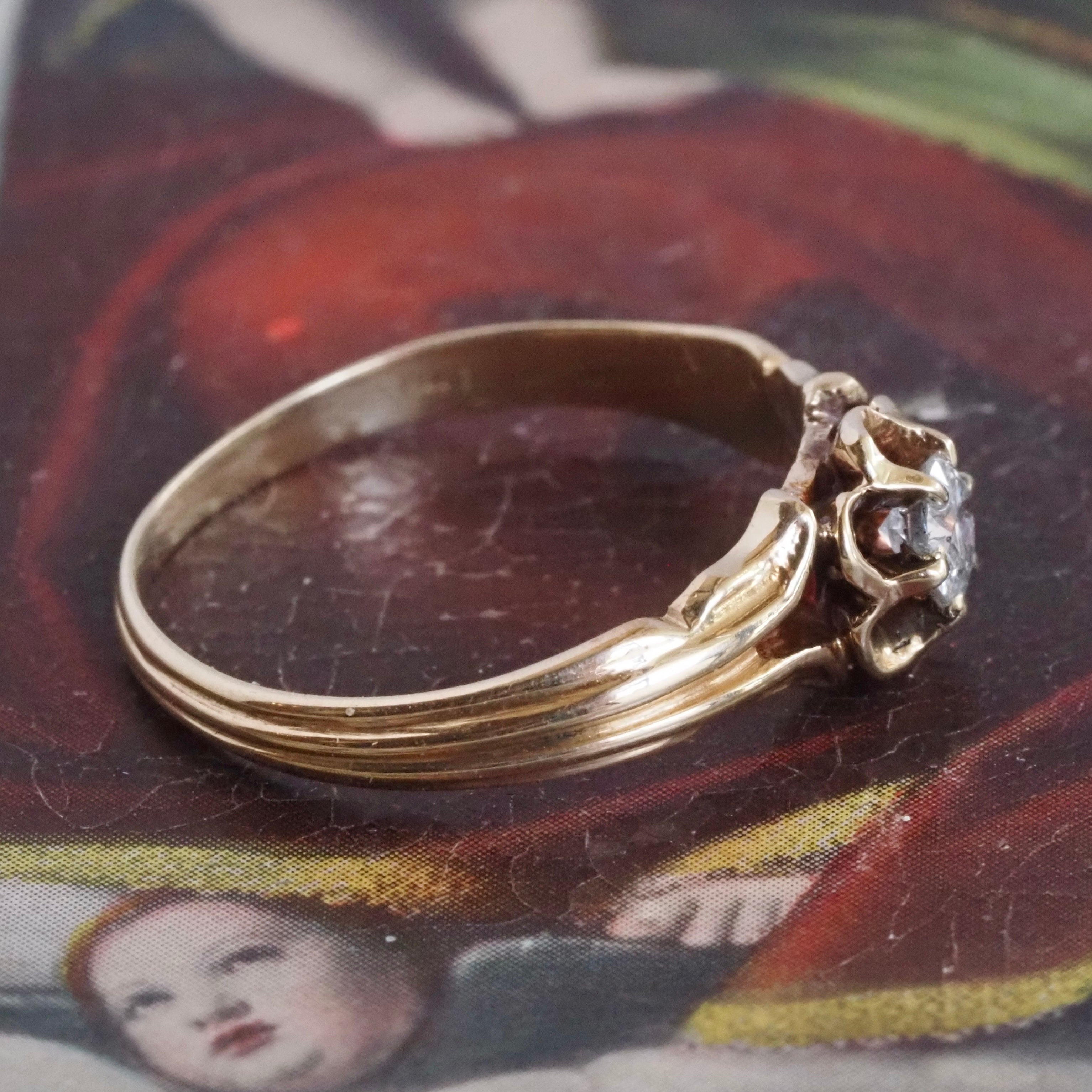 Antique Victorian Old European Cut Diamond Floral Belcher 14k Gold Engagement Ring