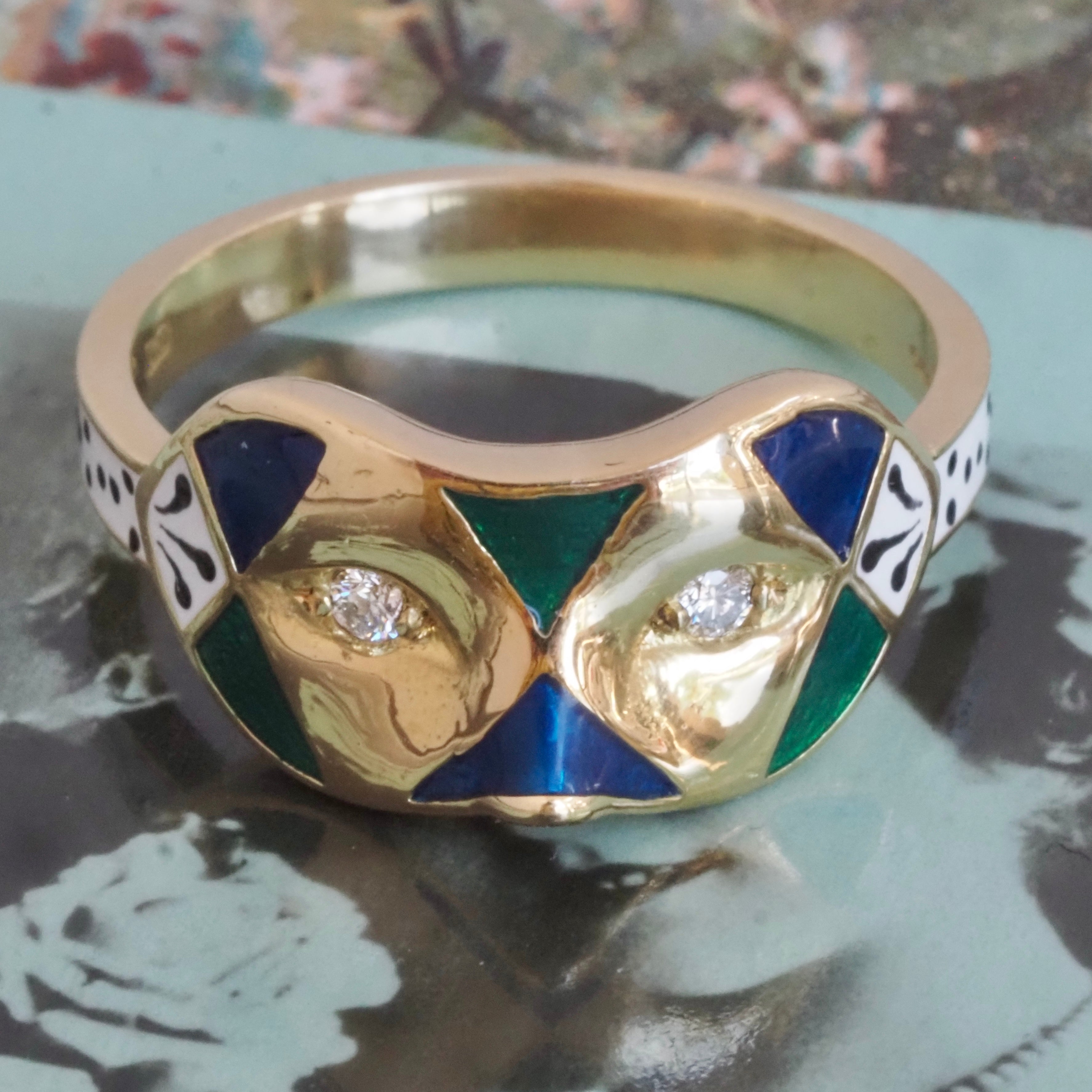 English Painted Mask Diamond and Enamel 18k Gold Ring