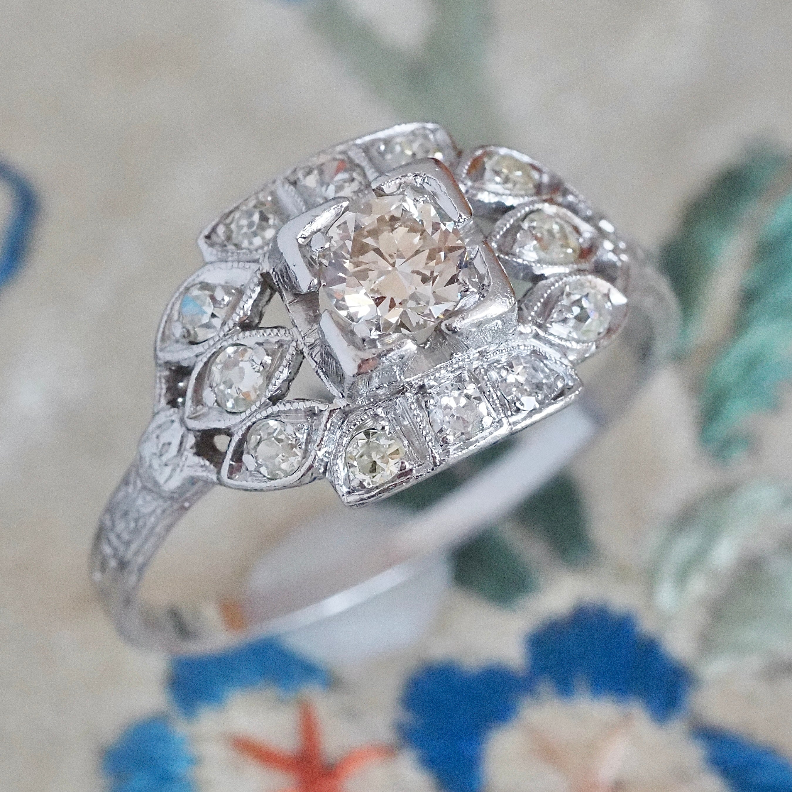 Antique Art Deco Platinum Old European Cut Diamond Shield Ring